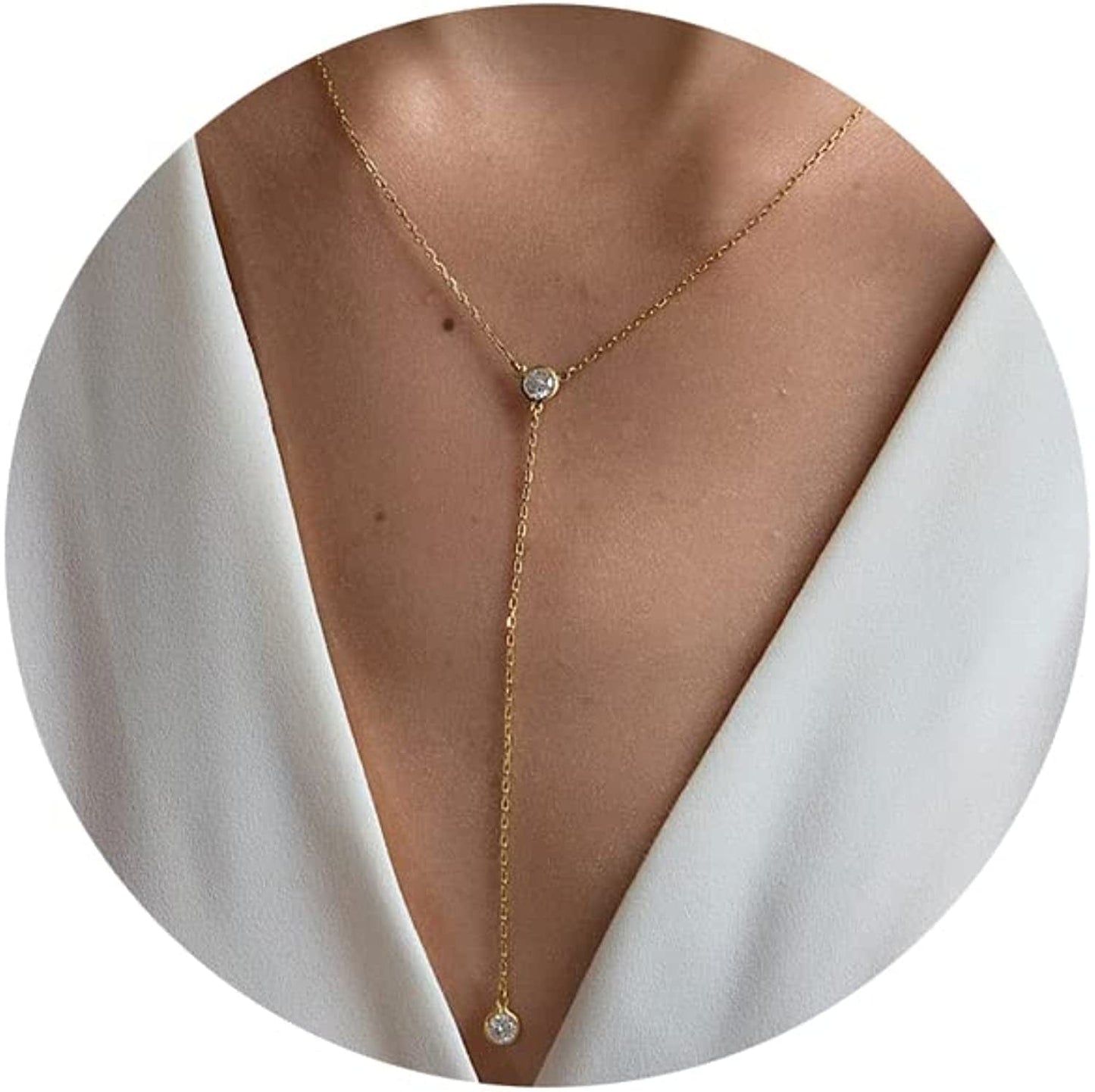 Diamond Necklaces for Women, Dainty Gold Necklace 14K Gold Plated Long Lariat Necklace Simple Gold CZ Diamond Choker Necklaces for Women Trendy Gold Necklace Jewelry Gifts for Girls long lariat necklace