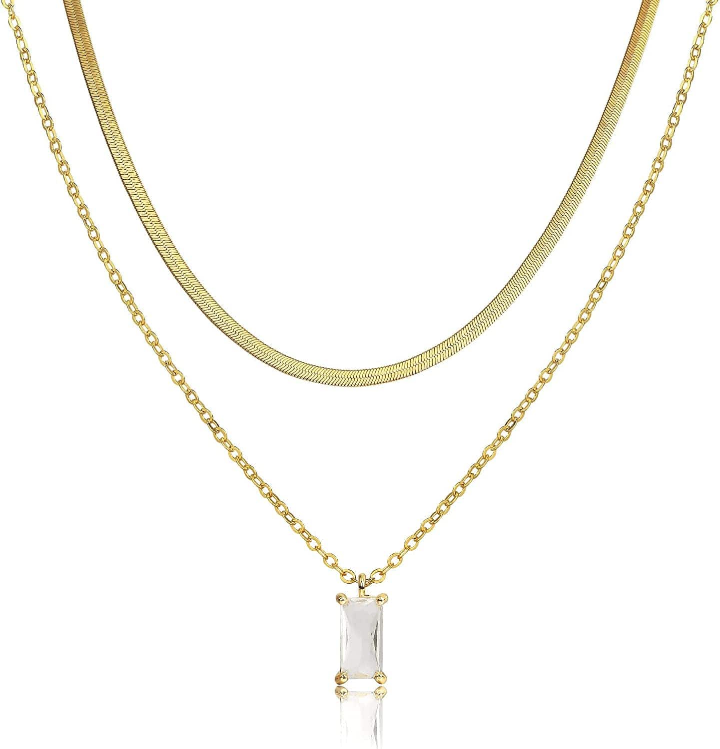 Diamond Necklaces for Women, Dainty Gold Necklace 14K Gold Plated Long Lariat Necklace Simple Gold CZ Diamond Choker Necklaces for Women Trendy Gold Necklace Jewelry Gifts for Girls layered herringbone&CZ gold