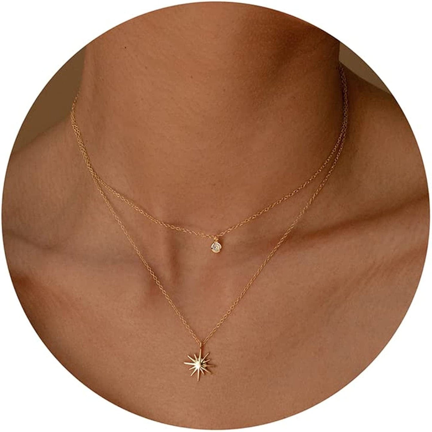 Diamond Necklaces for Women, Dainty Gold Necklace 14K Gold Plated Long Lariat Necklace Simple Gold CZ Diamond Choker Necklaces for Women Trendy Gold Necklace Jewelry Gifts for Girls layered CZ&star