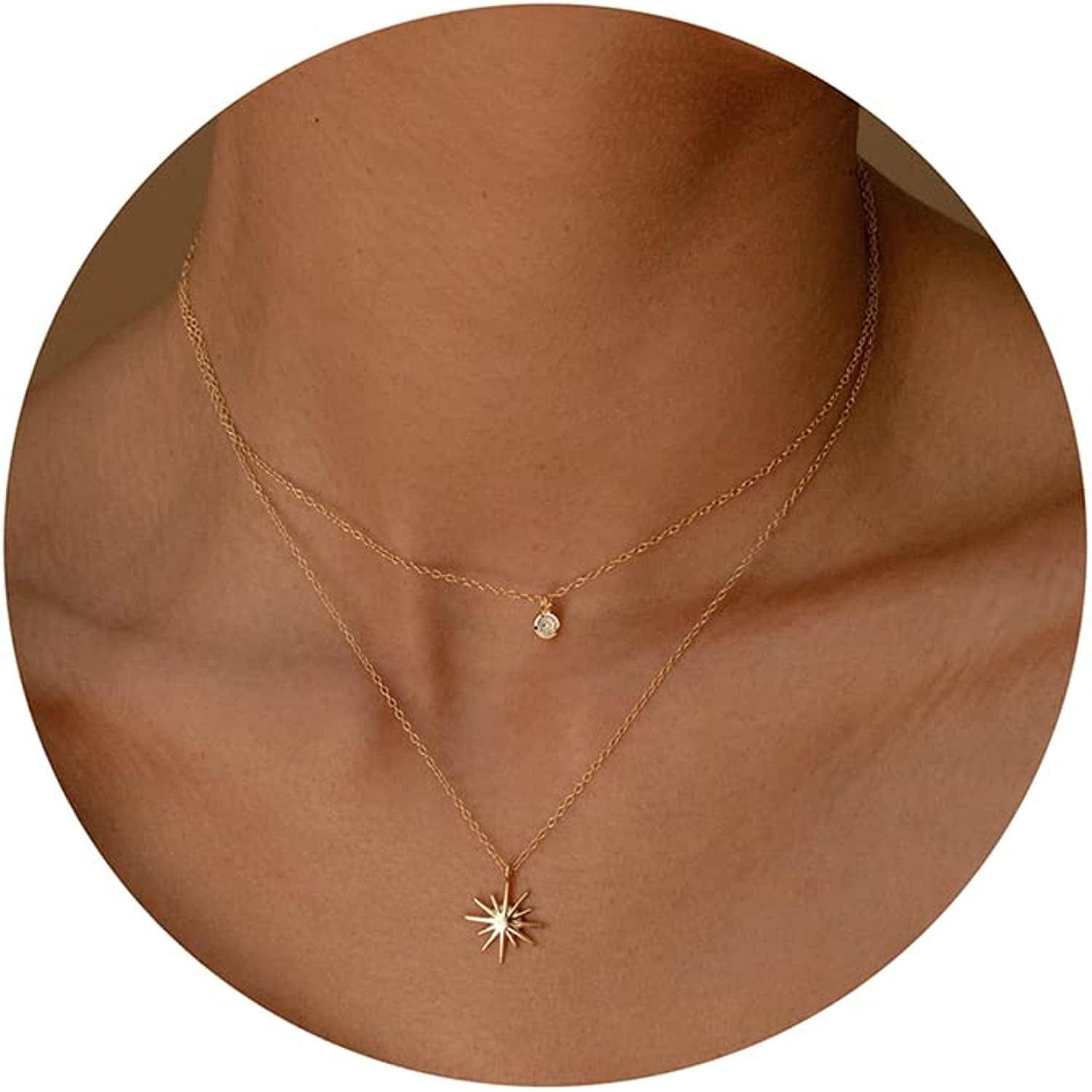 Diamond Necklaces for Women, Dainty Gold Necklace 14K Gold Plated Long Lariat Necklace Simple Gold CZ Diamond Choker Necklaces for Women Trendy Gold Necklace Jewelry Gifts for Girls layered CZ&star