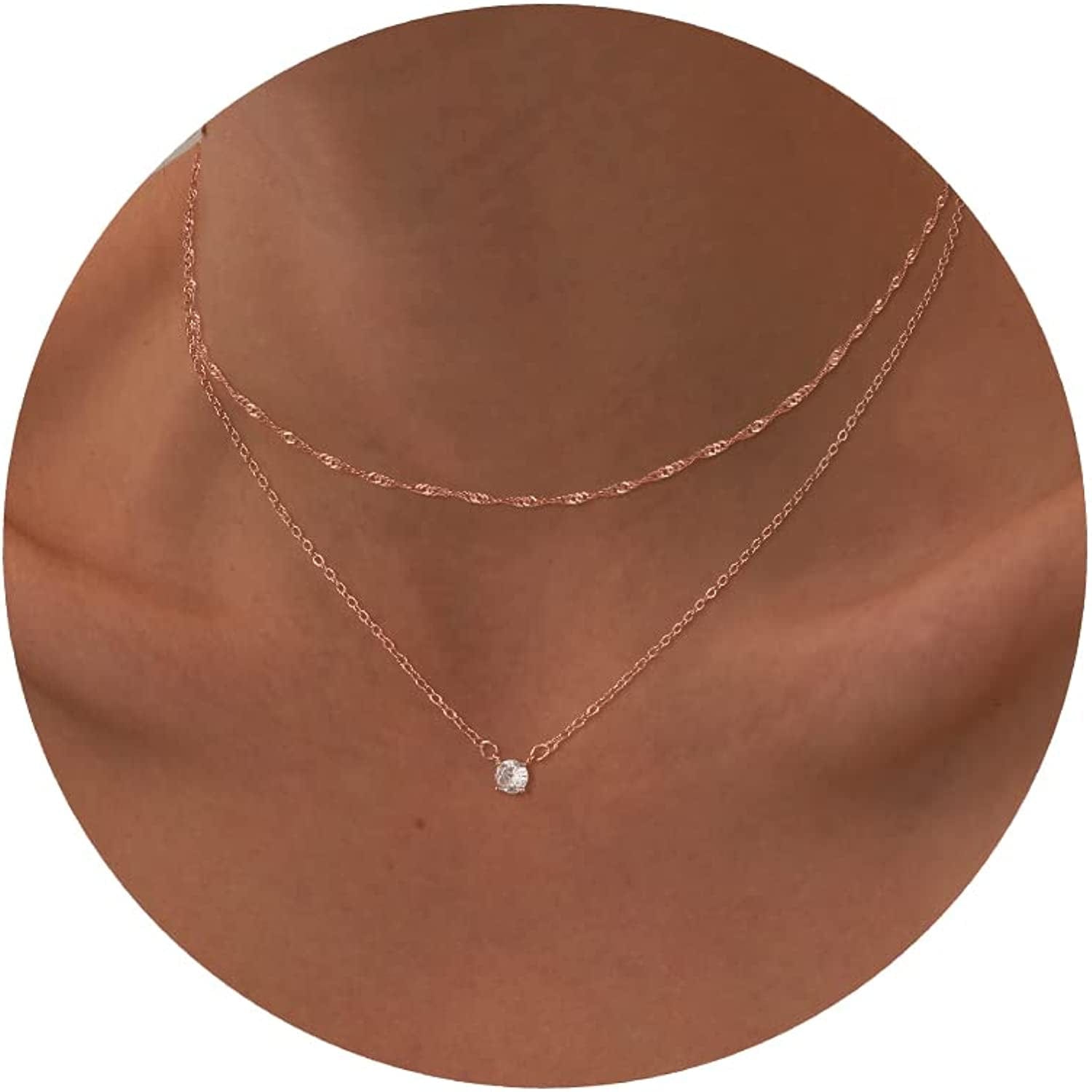 Diamond Necklaces for Women, Dainty Gold Necklace 14K Gold Plated Long Lariat Necklace Simple Gold CZ Diamond Choker Necklaces for Women Trendy Gold Necklace Jewelry Gifts for Girls Layered chain & CZ rose gold
