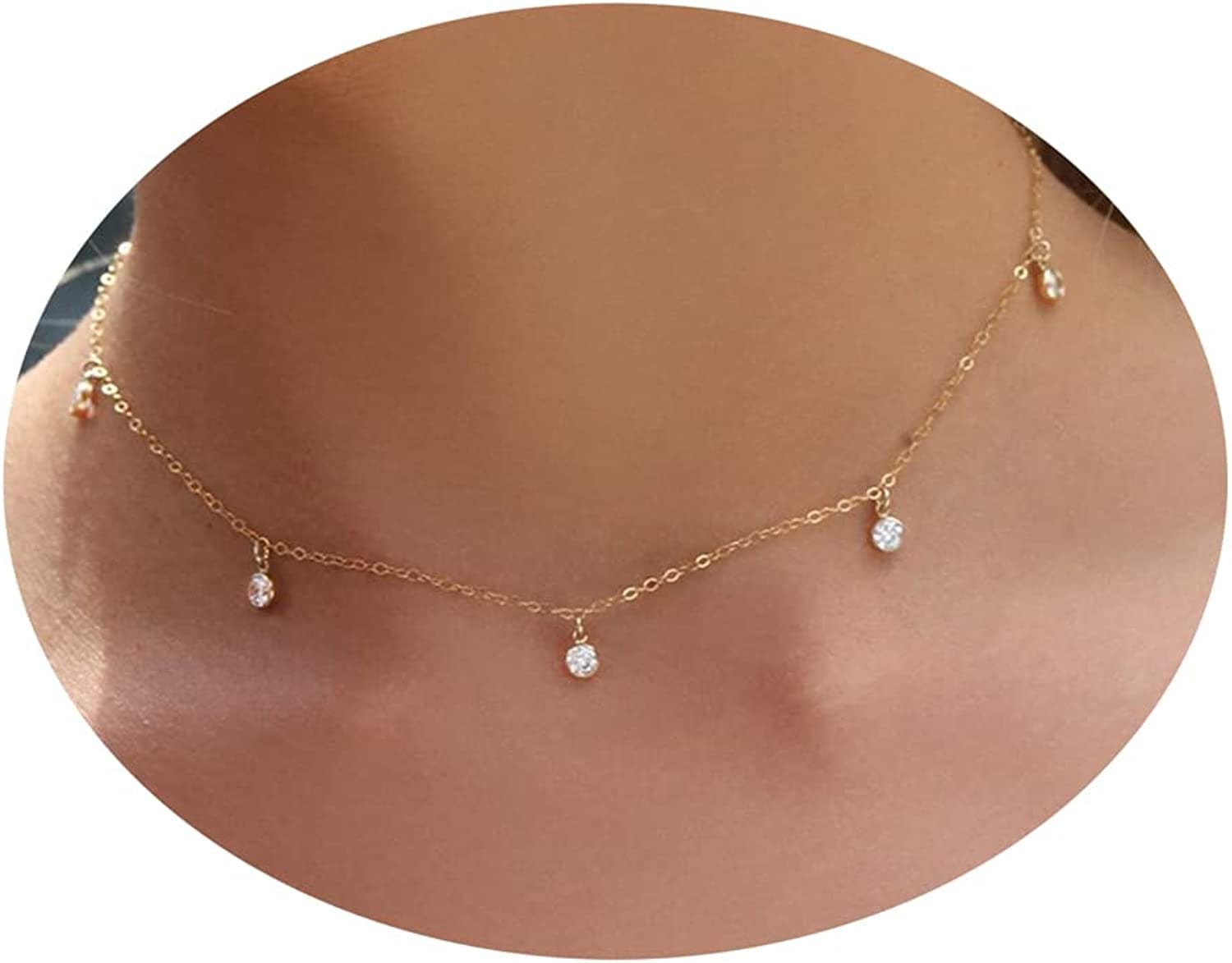 Diamond Necklaces for Women, Dainty Gold Necklace 14K Gold Plated Long Lariat Necklace Simple Gold CZ Diamond Choker Necklaces for Women Trendy Gold Necklace Jewelry Gifts for Girls five cz pendant necklace