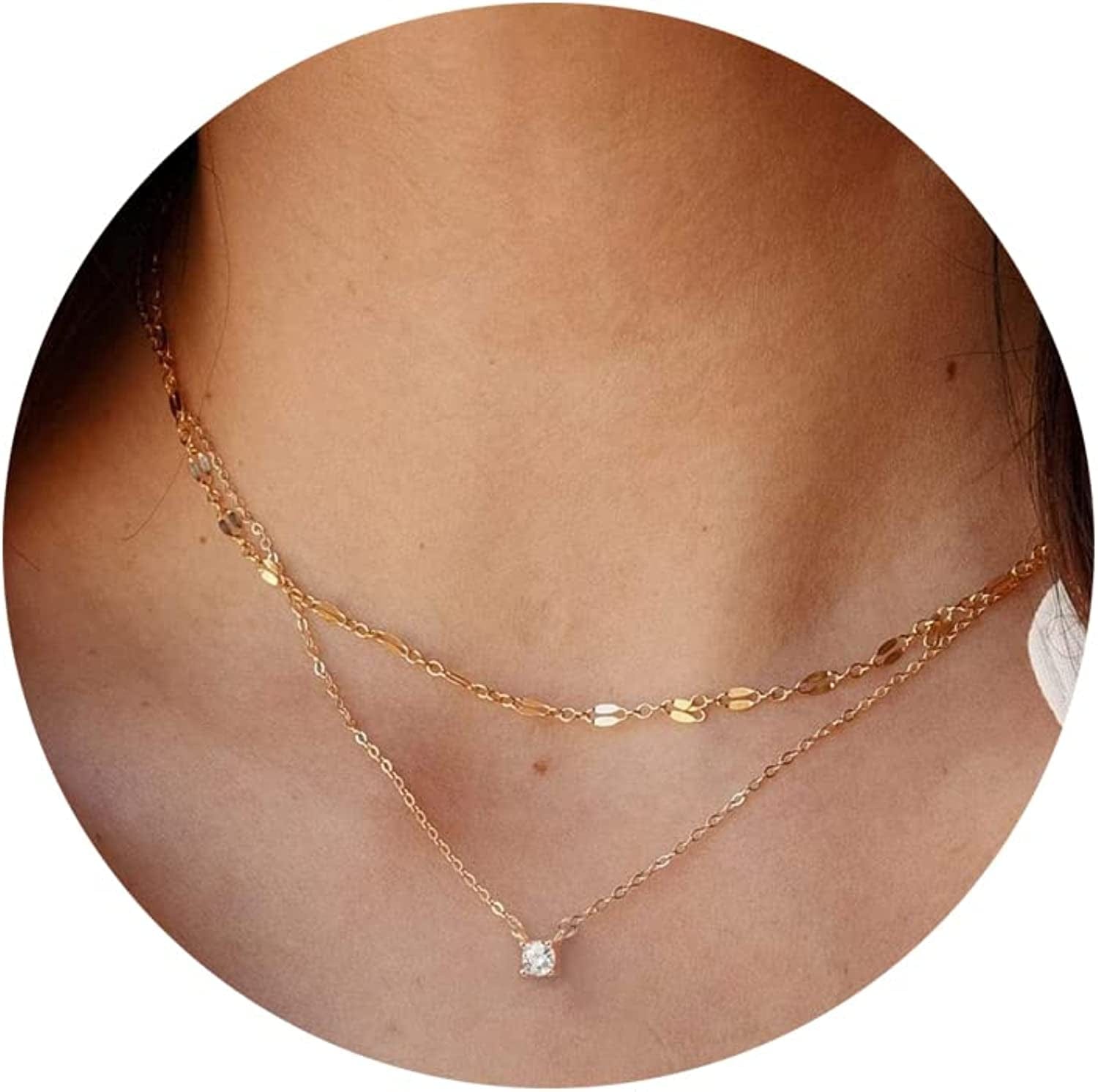 Diamond Necklaces for Women, Dainty Gold Necklace 14K Gold Plated Long Lariat Necklace Simple Gold CZ Diamond Choker Necklaces for Women Trendy Gold Necklace Jewelry Gifts for Girls layered lace chain & CZ