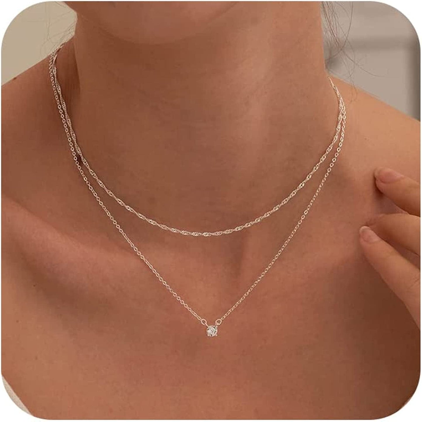 Diamond Necklaces for Women, Dainty Gold Necklace 14K Gold Plated Long Lariat Necklace Simple Gold CZ Diamond Choker Necklaces for Women Trendy Gold Necklace Jewelry Gifts for Girls Layered chain & CZ silver