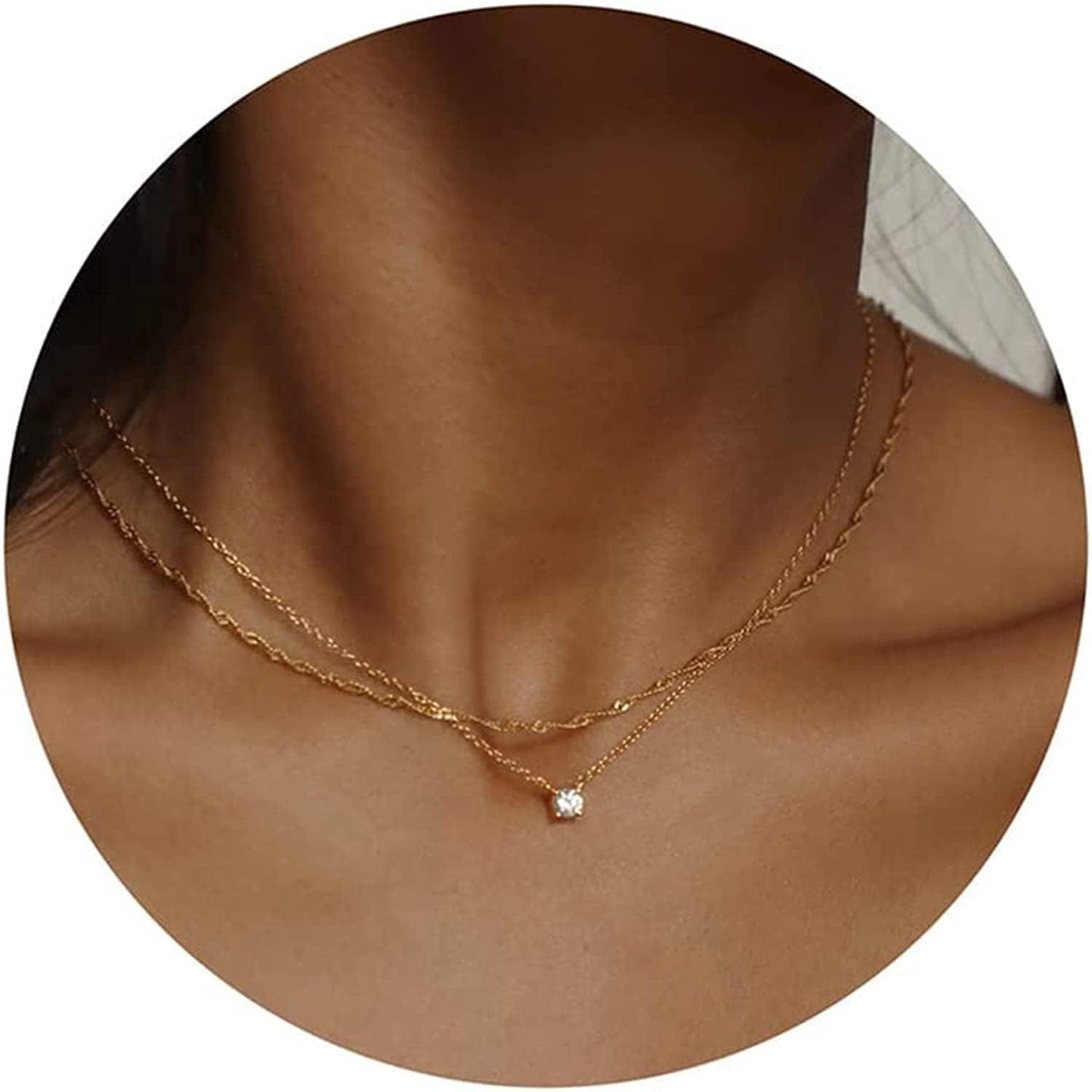 Diamond Necklaces for Women, Dainty Gold Necklace 14K Gold Plated Long Lariat Necklace Simple Gold CZ Diamond Choker Necklaces for Women Trendy Gold Necklace Jewelry Gifts for Girls Layered chain & CZ gold