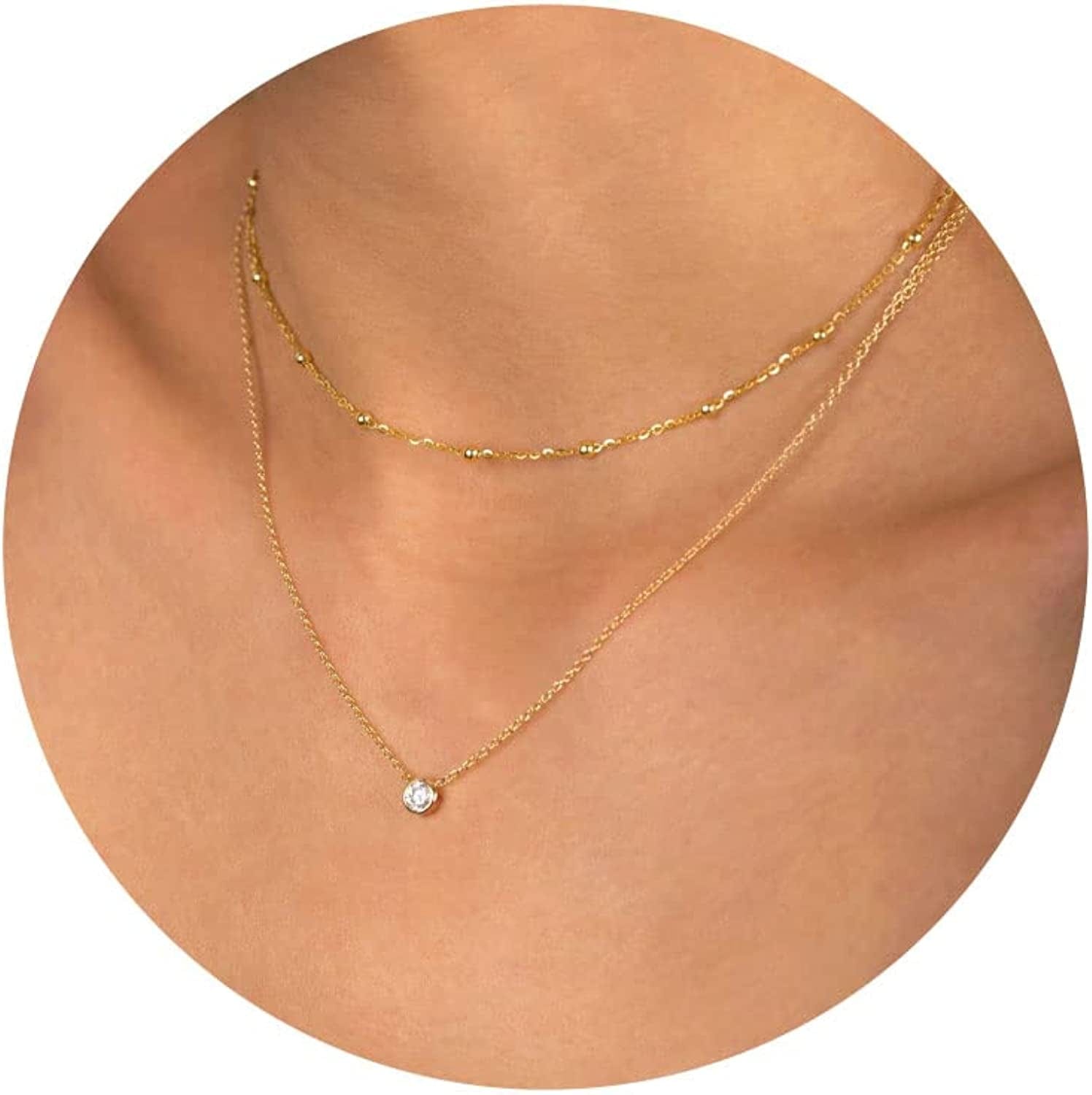 Diamond Necklaces for Women, Dainty Gold Necklace 18K Gold Filled Layered CZ Diamond Necklace Simple Gold Necklace for Women Trendy Jewelry Gifts for Girls layered bead & cz gold
