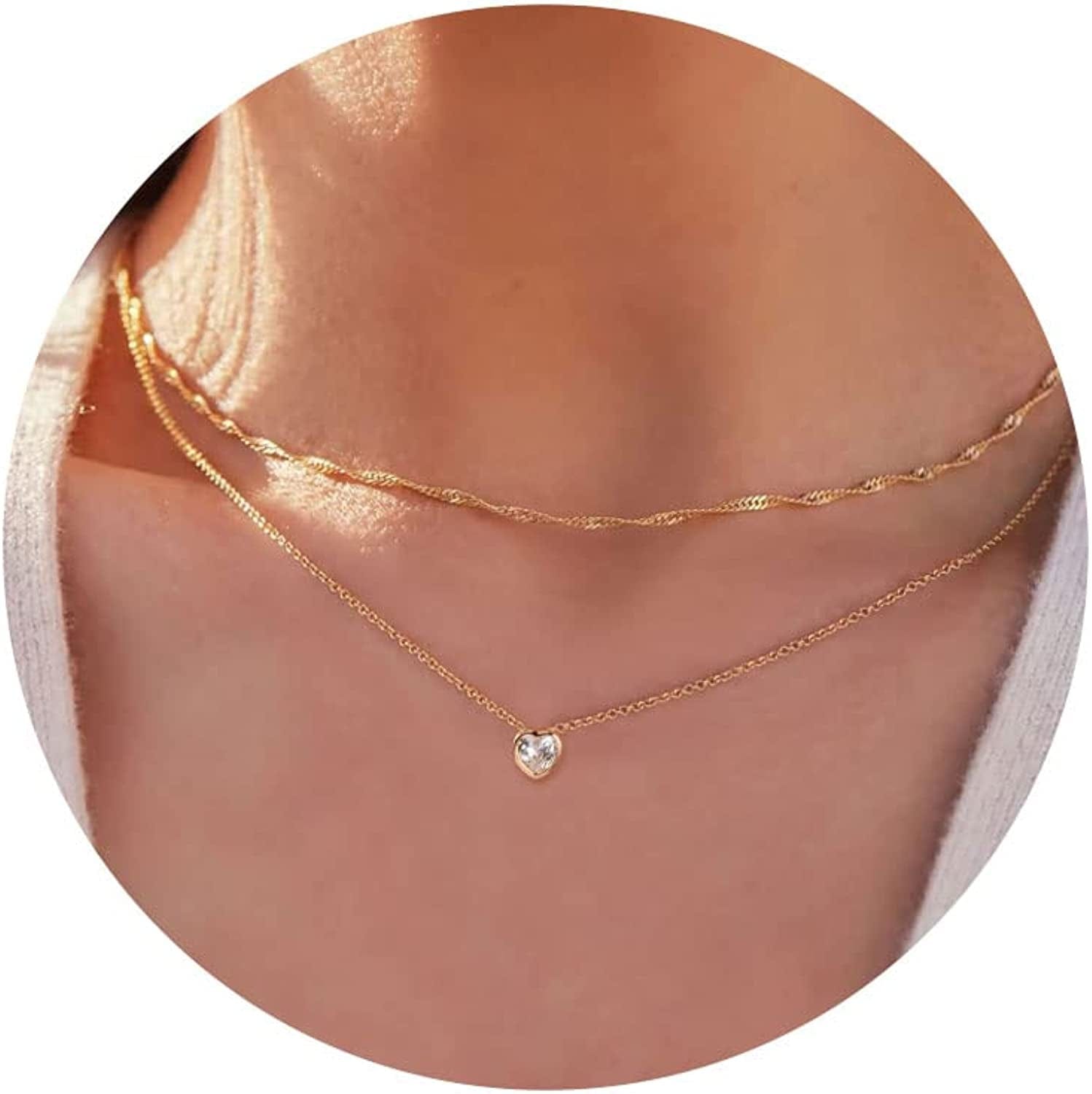 Diamond Necklaces for Women, Dainty Gold Necklace 18K Gold Filled Layered CZ Diamond Necklace Simple Gold Necklace for Women Trendy Jewelry Gifts for Girls layered twist & heart gold