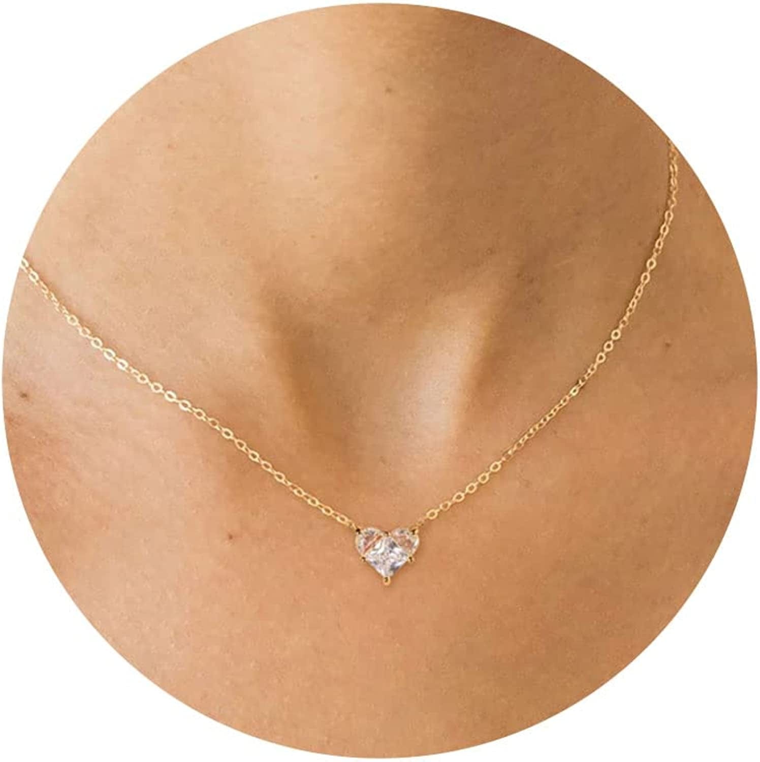 Diamond Necklaces for Women, Dainty Gold Necklace 18K Gold Filled Layered CZ Diamond Necklace Simple Gold Necklace for Women Trendy Jewelry Gifts for Girls chunky heart cz gold