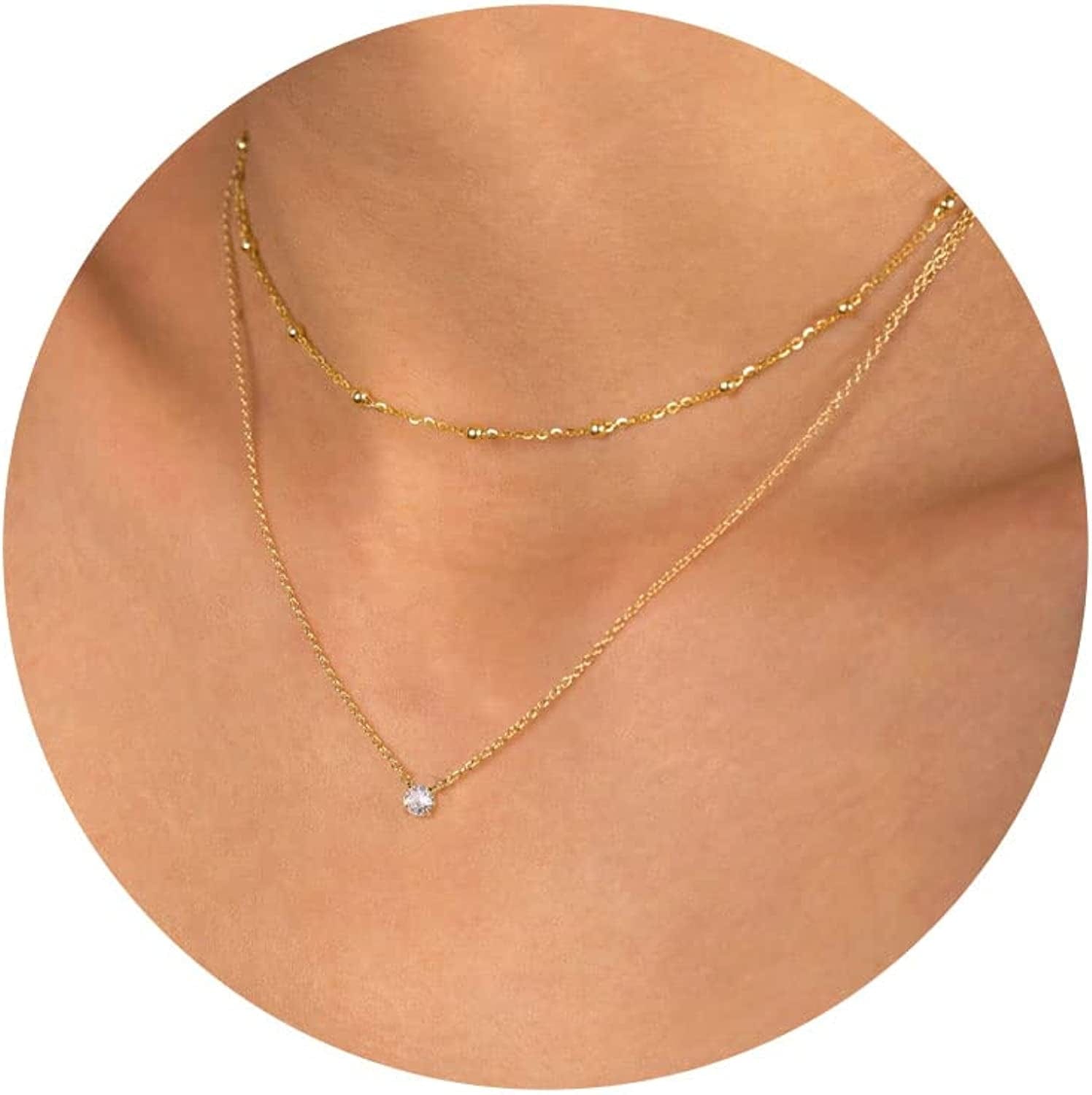 Diamond Necklaces for Women, Dainty Gold Necklace 18K Gold Filled Layered CZ Diamond Necklace Simple Gold Necklace for Women Trendy Jewelry Gifts for Girls layered bead & diamond gold