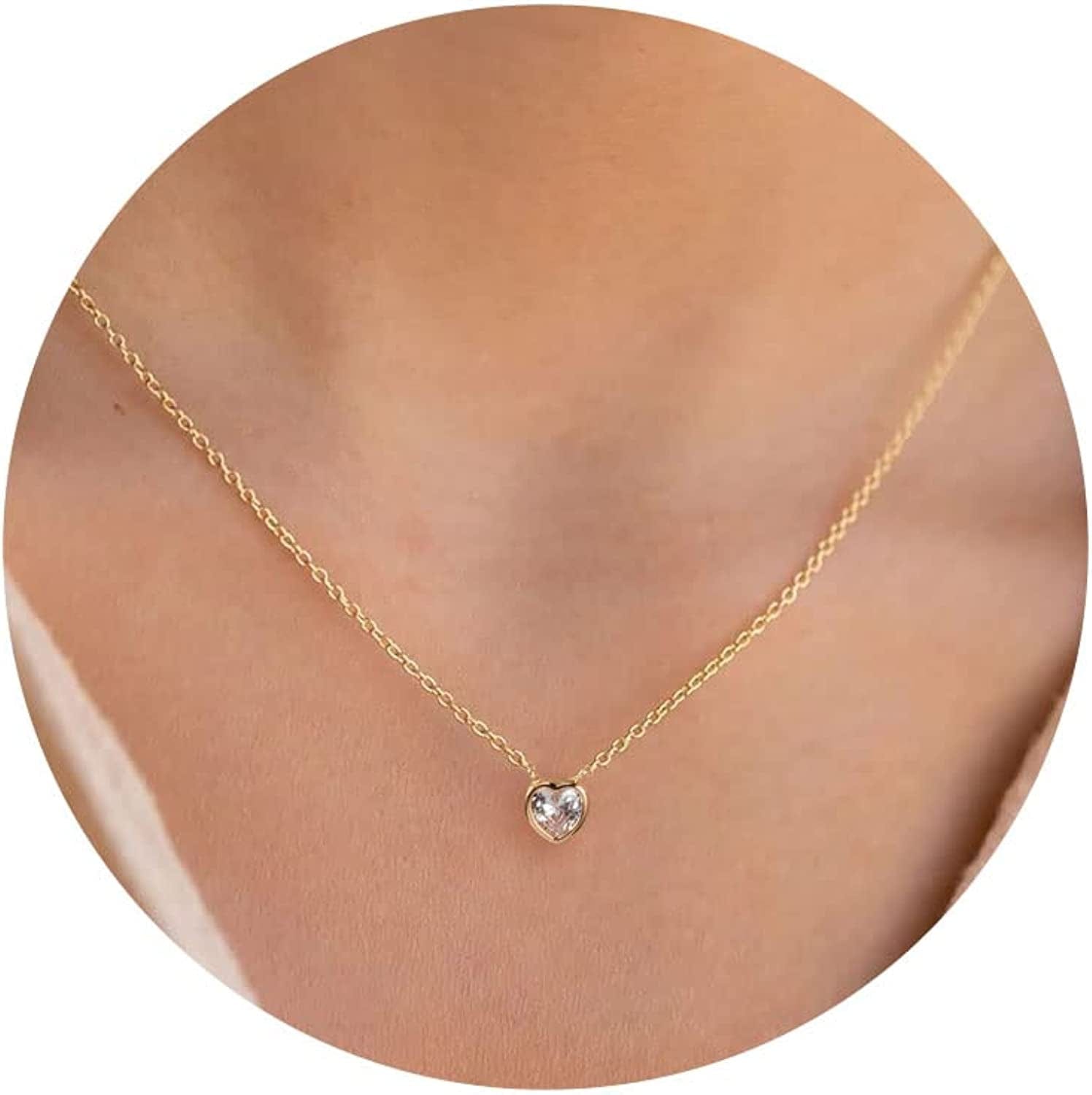 Diamond Necklaces for Women, Dainty Gold Necklace 18K Gold Filled Layered CZ Diamond Necklace Simple Gold Necklace for Women Trendy Jewelry Gifts for Girls heart diamond gold