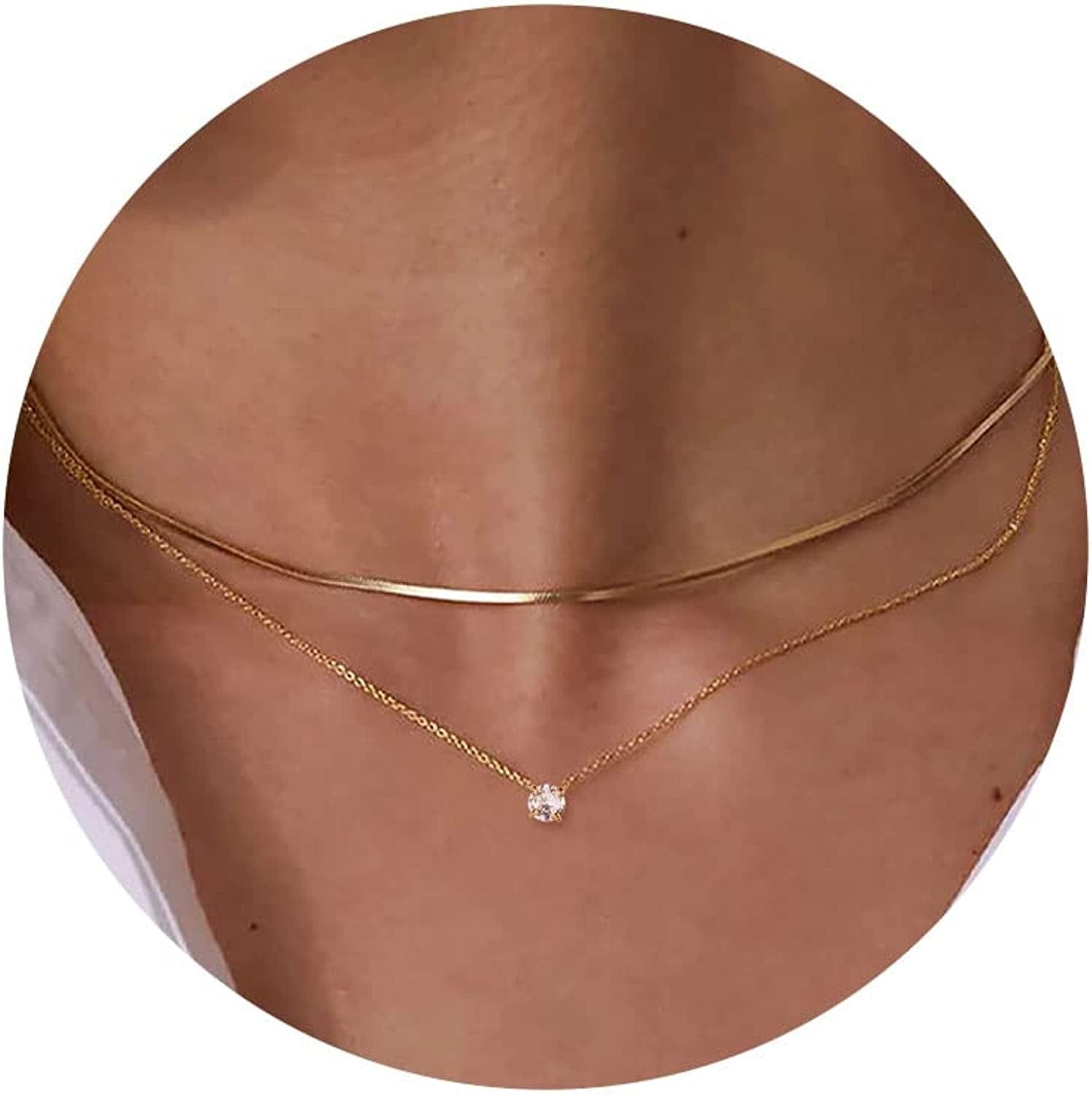 Diamond Necklaces for Women, Dainty Gold Necklace 18K Gold Filled Layered CZ Diamond Necklace Simple Gold Necklace for Women Trendy Jewelry Gifts for Girls layered snake & cz gold