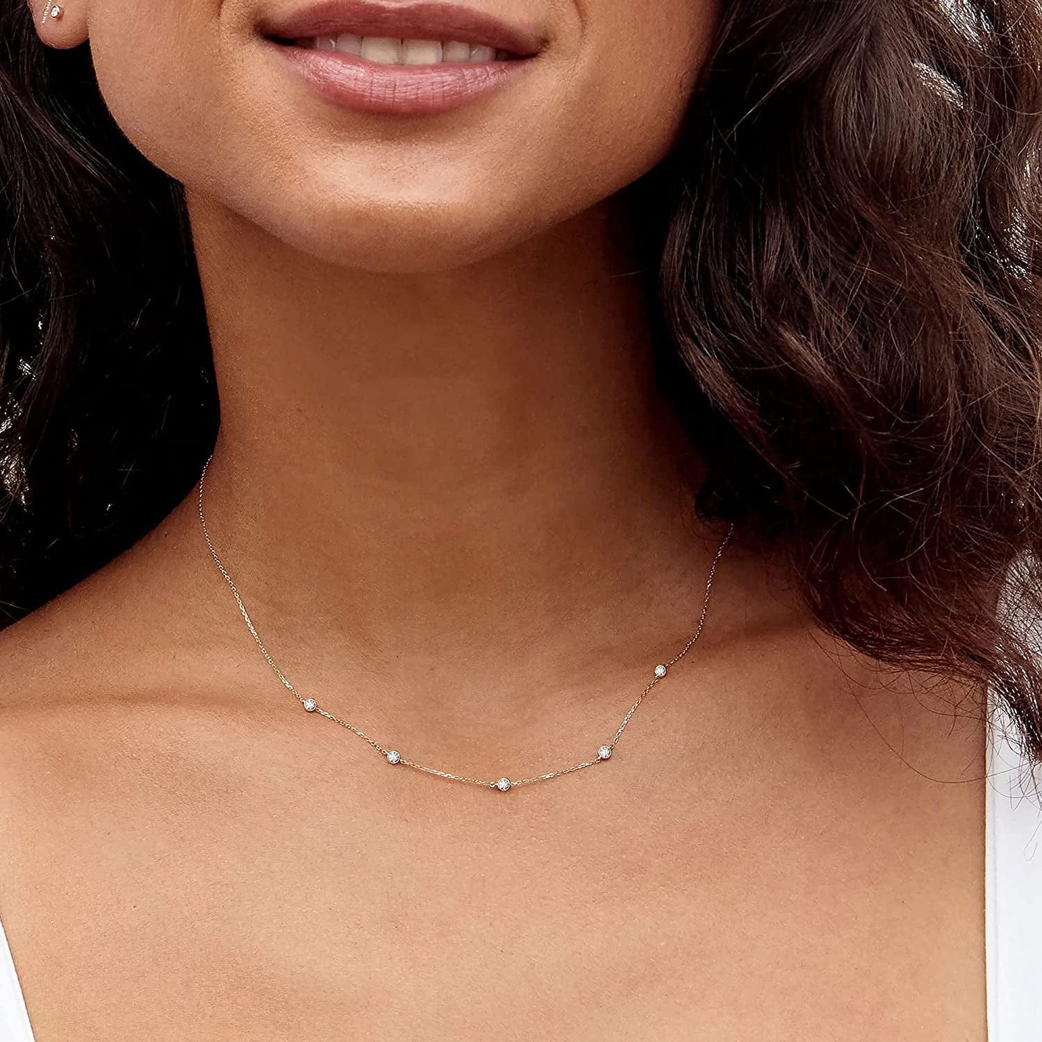 Diamond Necklaces for Women, Dainty Gold Necklace 18K Gold Filled Layered CZ Diamond Necklace Simple Gold Necklace for Women Trendy Jewelry Gifts for Girls