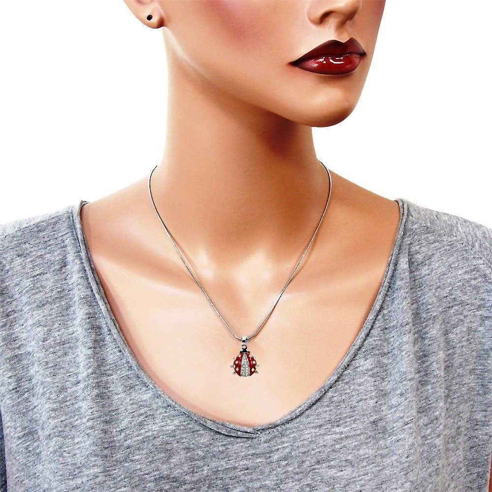 Dianal Boutique Silvertone Adorable Little Ladybug Charm Pendant Necklace and Earrings Set 21" Chain Gift Boxed Lady Bug Fashion Jewelry