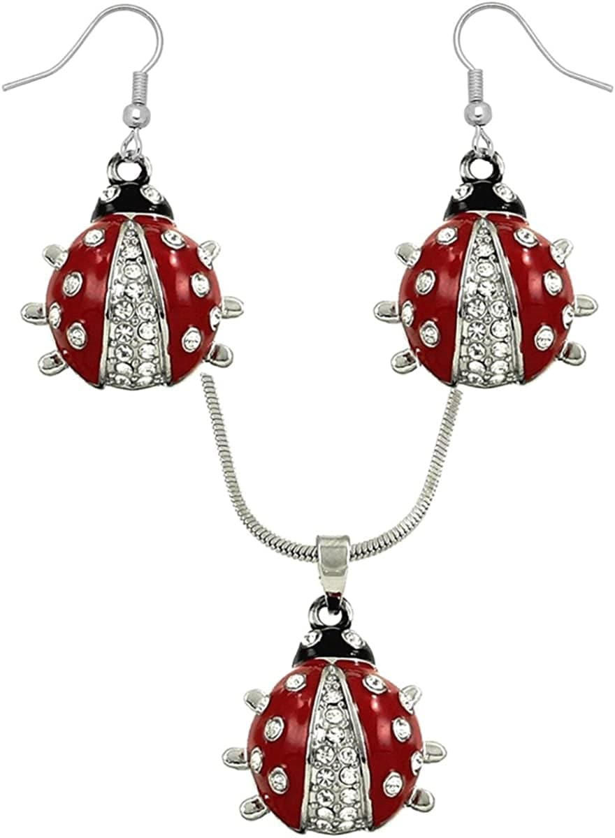 Dianal Boutique Silvertone Adorable Little Ladybug Charm Pendant Necklace and Earrings Set 21" Chain Gift Boxed Lady Bug Fashion Jewelry