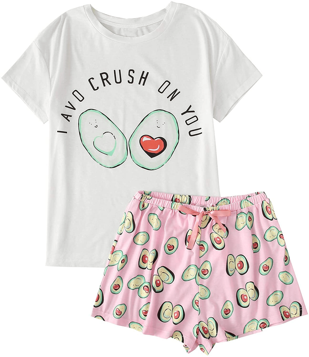 DIDK Women's Cute Cartoon Print Tee and Shorts Pajama Set Apparel & Accessories > Clothing > Sleepwear & Loungewear > Pajamas DIDK Avocado Pink XX-Large