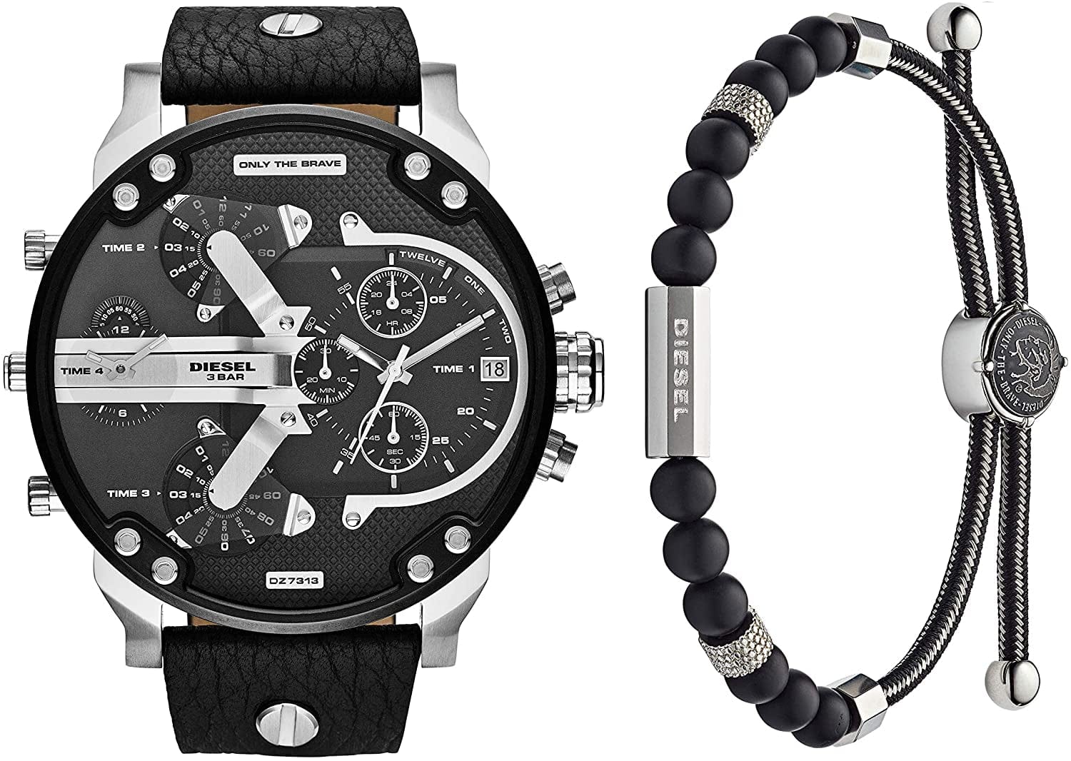 Diesel Men'S Mr. Daddy 2.0 Stainless Steel Chronograph Quartz Watch Silver, Black Bracelet Set