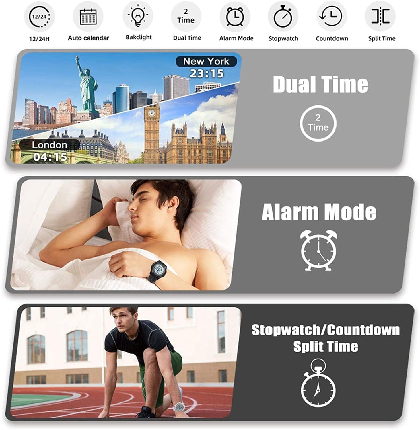 Digital Watch Waterproof with Stopwatch Alarm Countdown Dual Time, Ultra-Thin Super Wide-Angle Display Digital Wrist Watches for Men Women