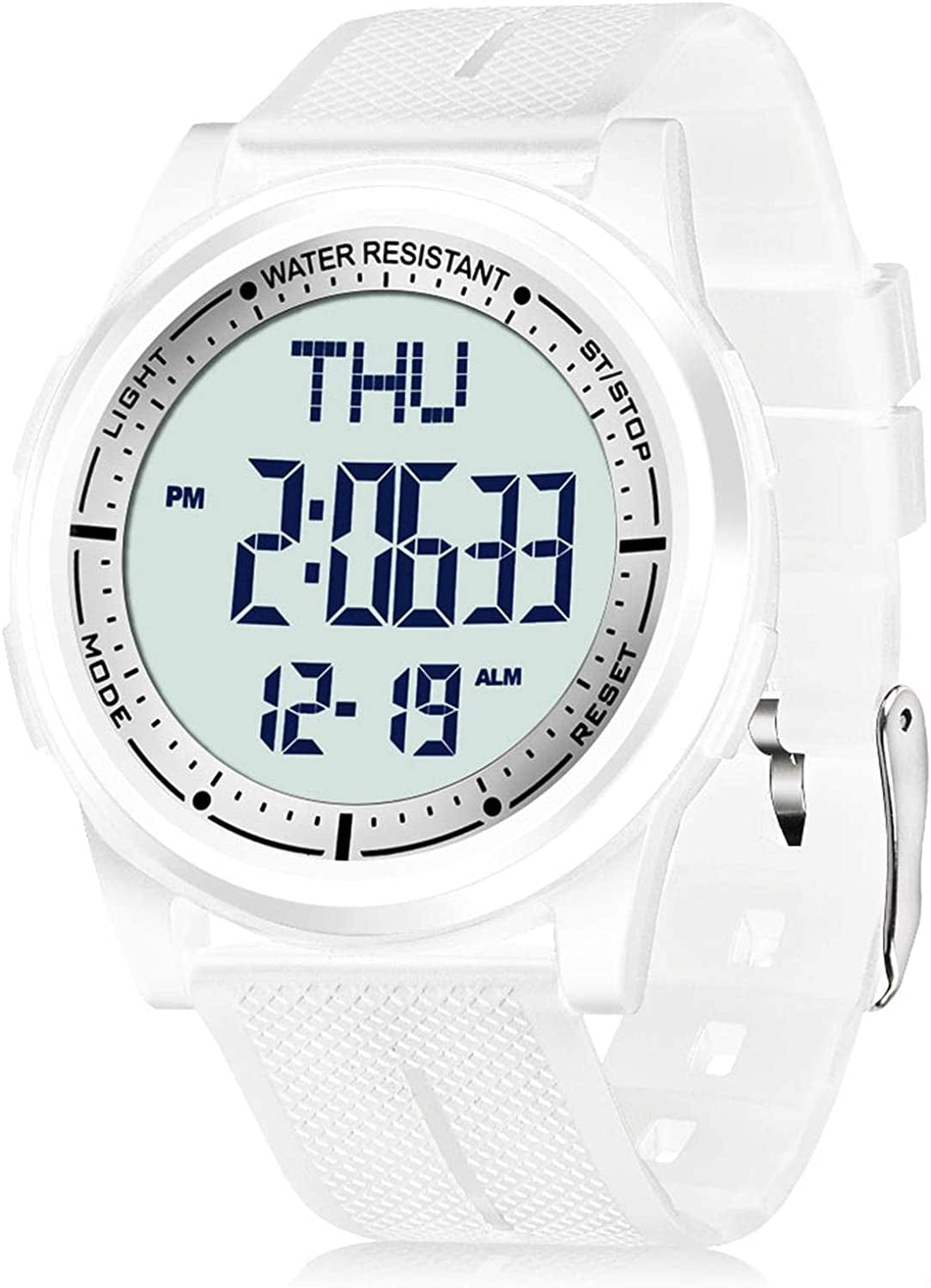 Digital Watch Waterproof with Stopwatch Alarm Countdown Dual Time, Ultra-Thin Super Wide-Angle Display Digital Wrist Watches for Men Women White