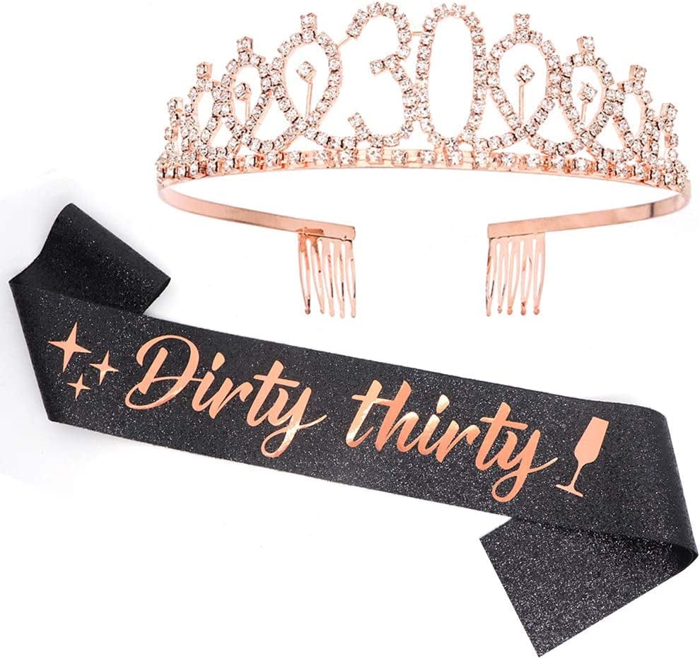"Dirty Thirty" Sash & Rhinestone Tiara Set - 30Th Birthday Gifts Birthday Sash for Women Birthday Party Supplies (Black Glitter/Rose Gold) Apparel & Accessories > Clothing Accessories > Sashes ADBetty