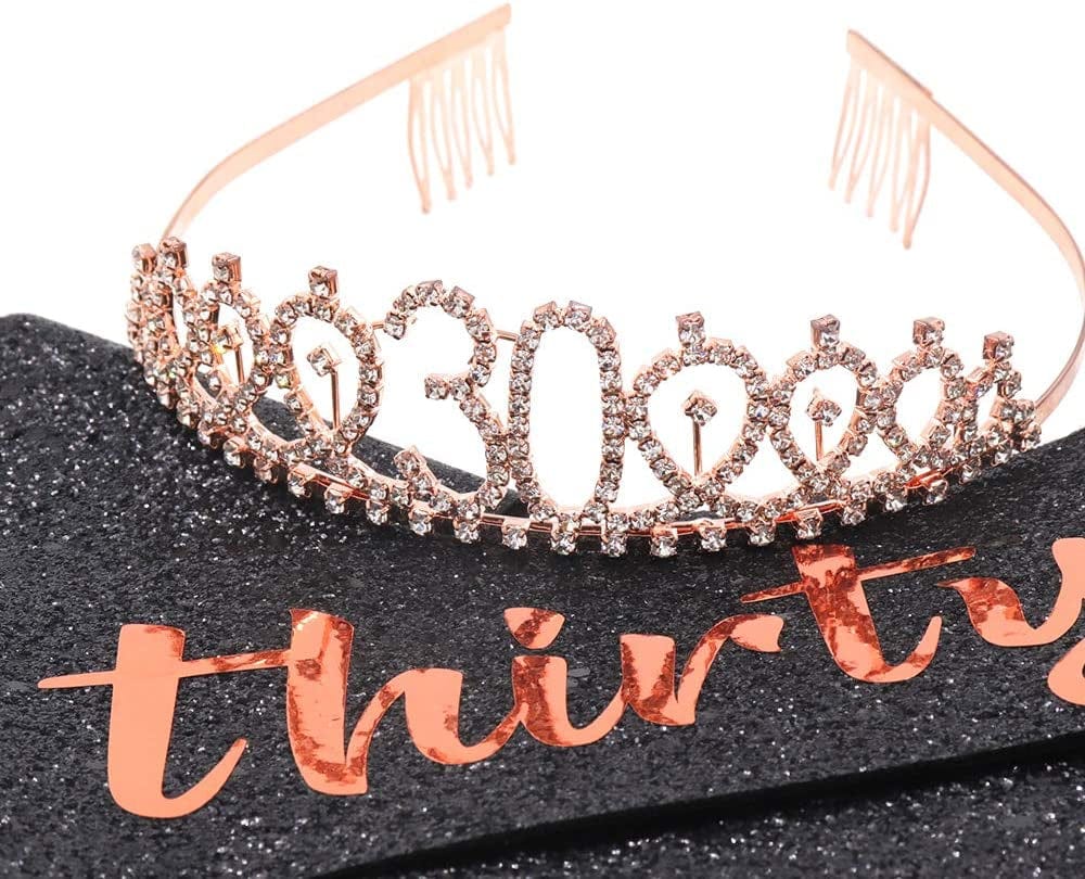 "Dirty Thirty" Sash & Rhinestone Tiara Set - 30Th Birthday Gifts Birthday Sash for Women Birthday Party Supplies (Black Glitter/Rose Gold) Apparel & Accessories > Clothing Accessories > Sashes ADBetty