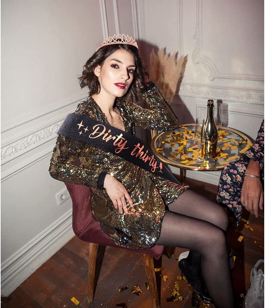 "Dirty Thirty" Sash & Rhinestone Tiara Set - 30Th Birthday Gifts Birthday Sash for Women Birthday Party Supplies (Black Glitter/Rose Gold) Apparel & Accessories > Clothing Accessories > Sashes ADBetty