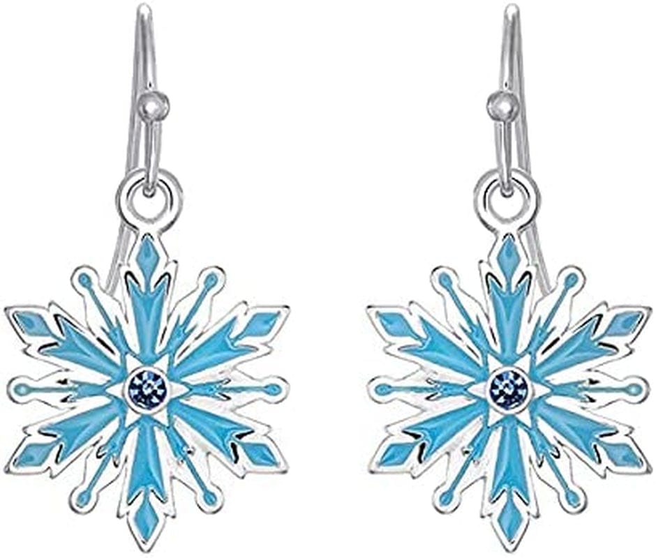 Disney Frozen 2 Fine Silver Plated Blue Crystal Snowflake Dangle Earrings 2MM Crystal