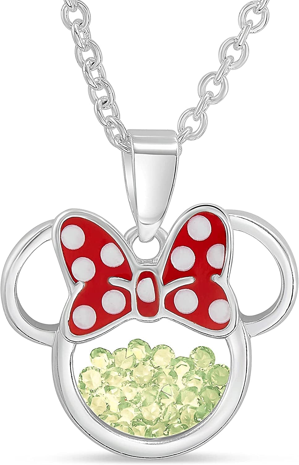 Disney Women and Girls Birthstone Jewelry - Minnie Mouse Cubic Zirconia Shaker Pendant Necklace, Silver Plated, 18+2" Extender August-Green Peridot Cubic Zirconia