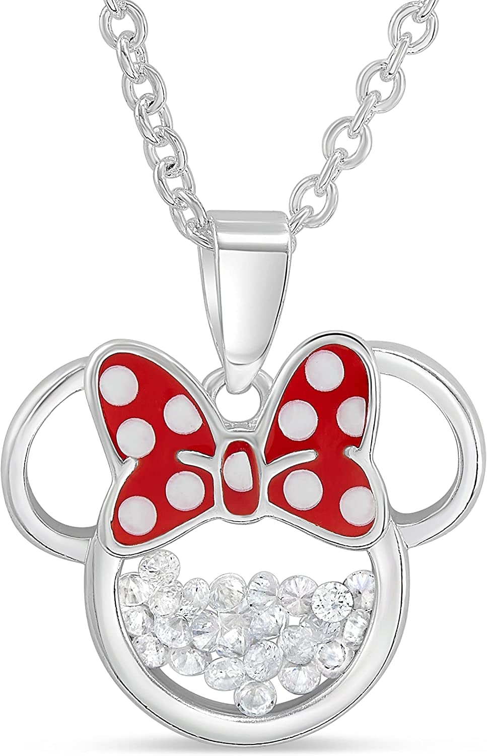 Disney Women and Girls Birthstone Jewelry - Minnie Mouse Cubic Zirconia Shaker Pendant Necklace, Silver Plated, 18+2" Extender April-Clear Cubic Zirconia