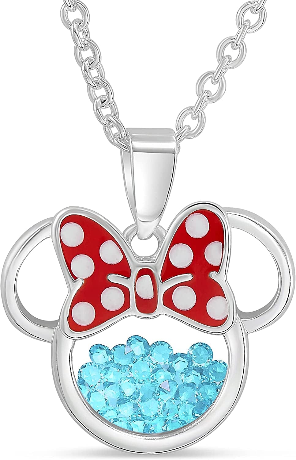 Disney Women and Girls Birthstone Jewelry - Minnie Mouse Cubic Zirconia Shaker Pendant Necklace, Silver Plated, 18+2" Extender March- Light Blue Aquamarine Cubic Zirconia