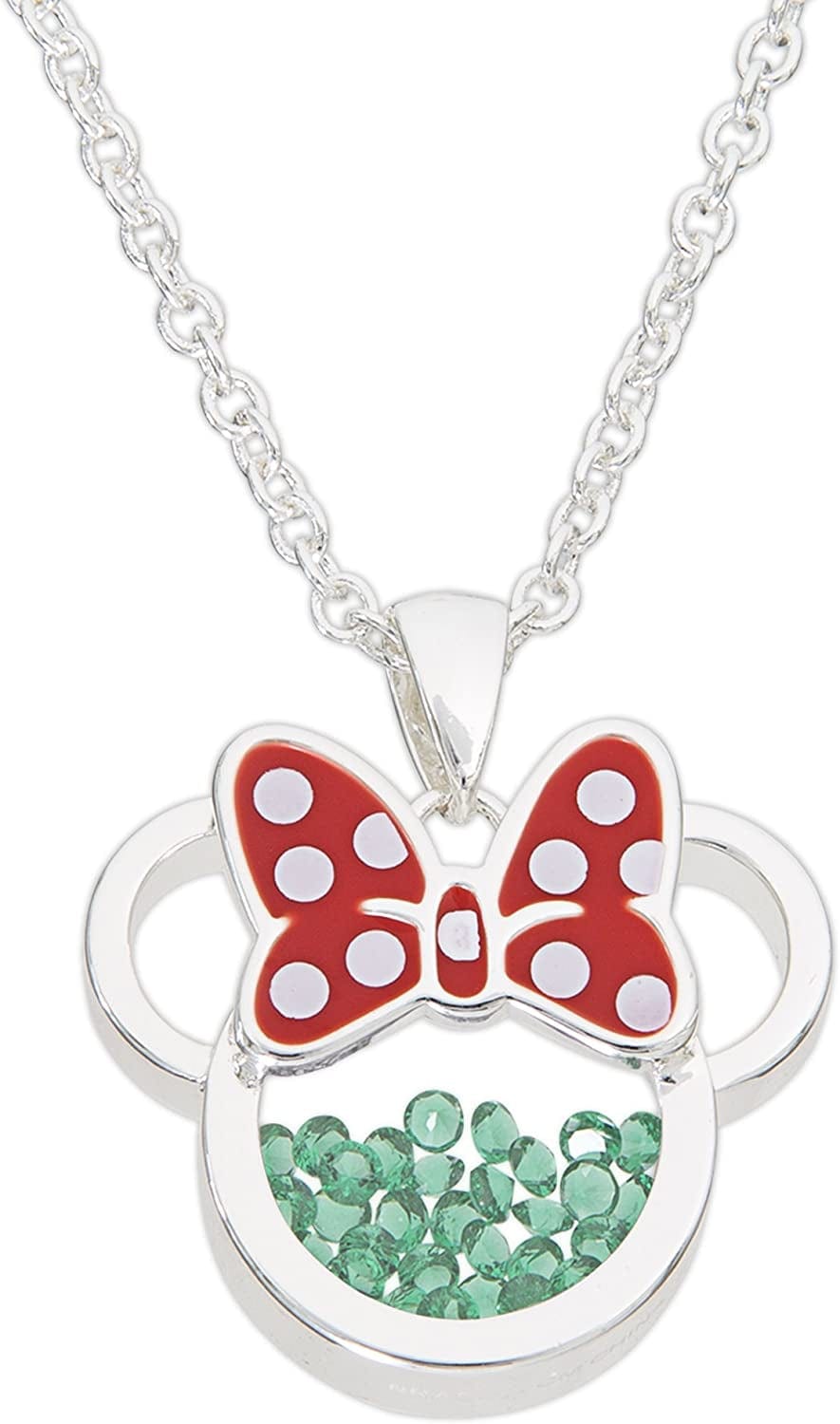 Disney Women and Girls Birthstone Jewelry - Minnie Mouse Cubic Zirconia Shaker Pendant Necklace, Silver Plated, 18+2" Extender May-Emerald Green Cubic Zirconia