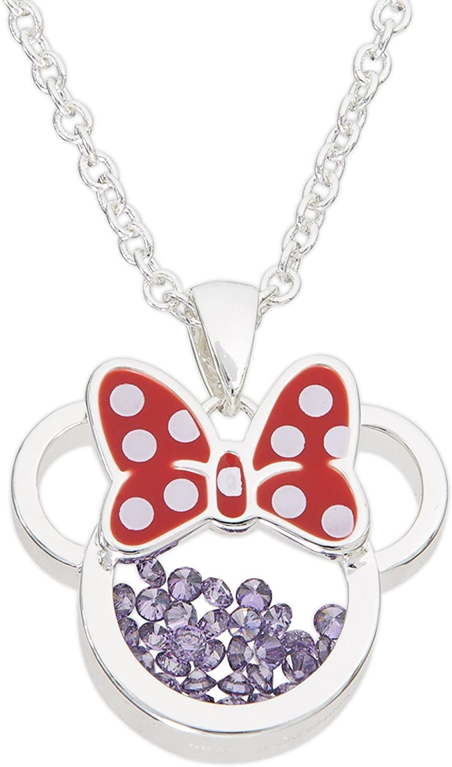 Disney Women and Girls Birthstone Jewelry - Minnie Mouse Cubic Zirconia Shaker Pendant Necklace, Silver Plated, 18+2" Extender February-Purple Amethyst Cubic Zirconia
