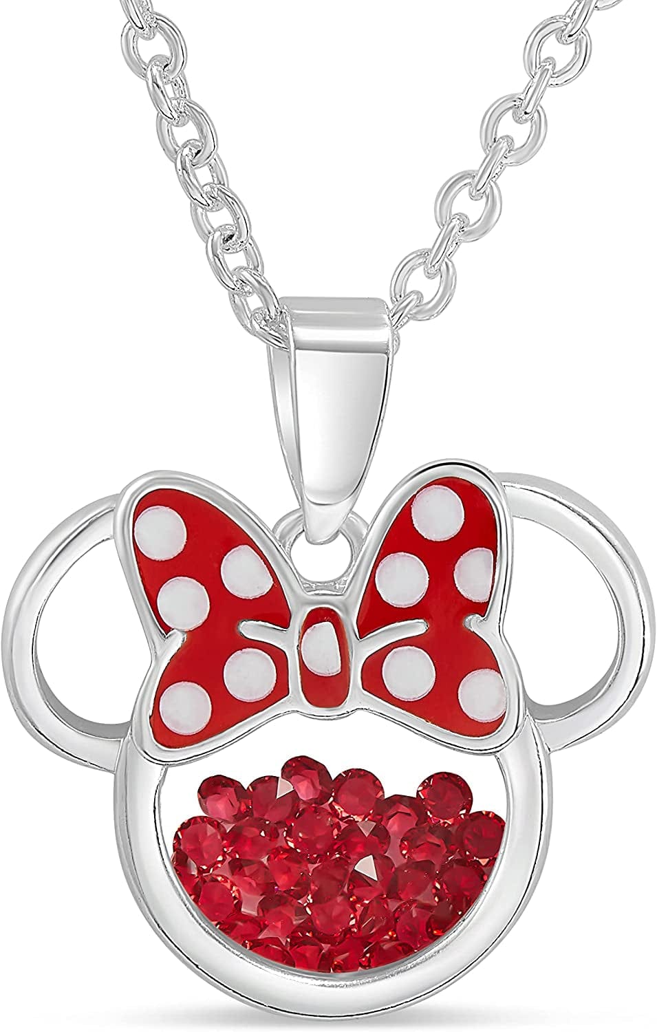 Disney Women and Girls Birthstone Jewelry - Minnie Mouse Cubic Zirconia Shaker Pendant Necklace, Silver Plated, 18+2" Extender July-Red Ruby Cubic Zirconia