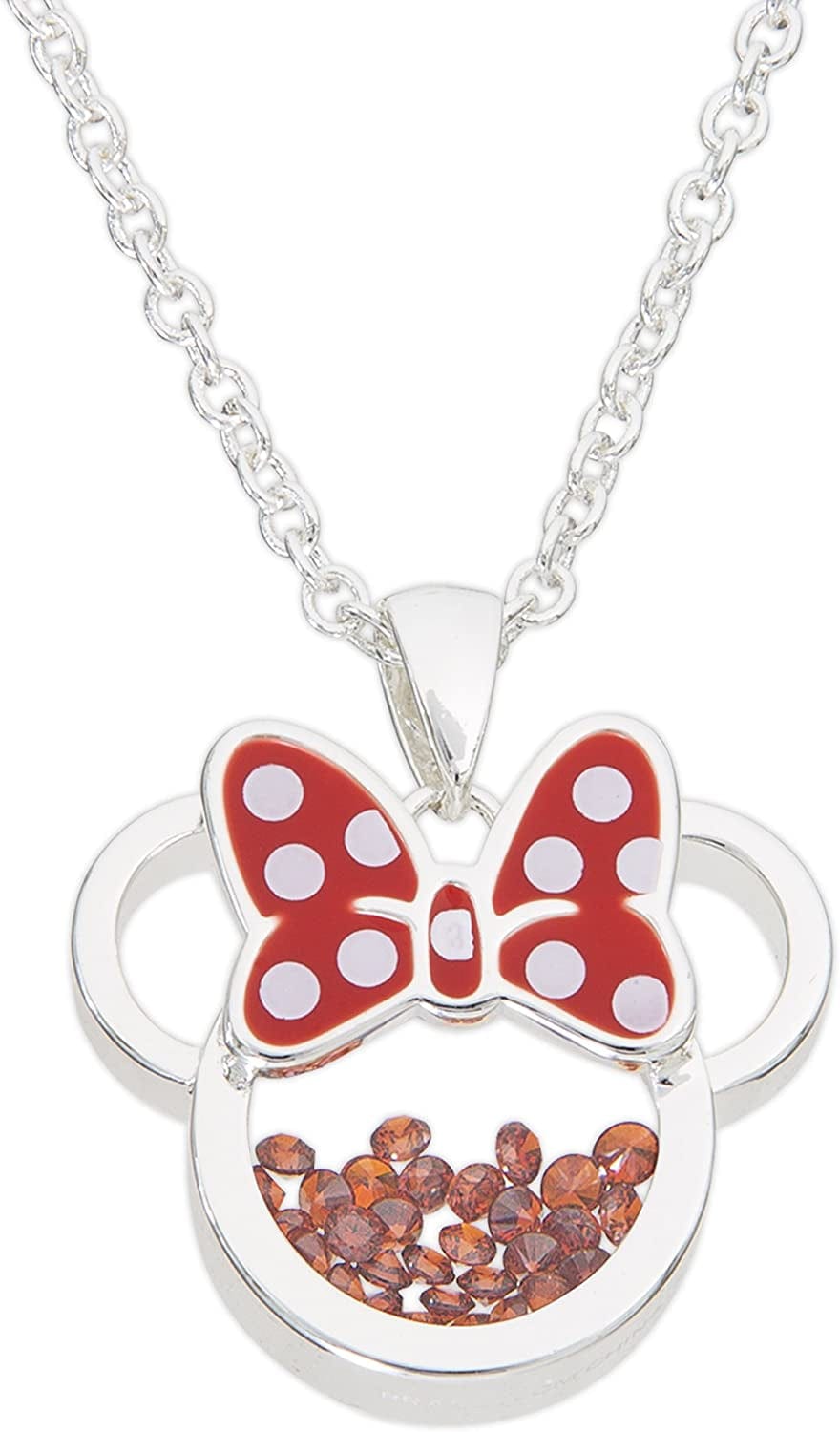 Disney Women and Girls Birthstone Jewelry - Minnie Mouse Cubic Zirconia Shaker Pendant Necklace, Silver Plated, 18+2" Extender January-Garnet Red Cubic Zirconia