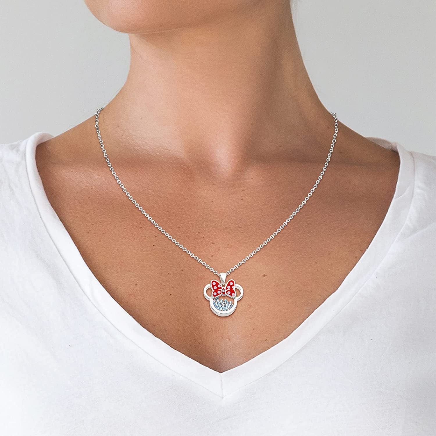 Disney Women and Girls Birthstone Jewelry - Minnie Mouse Cubic Zirconia Shaker Pendant Necklace, Silver Plated, 18+2" Extender