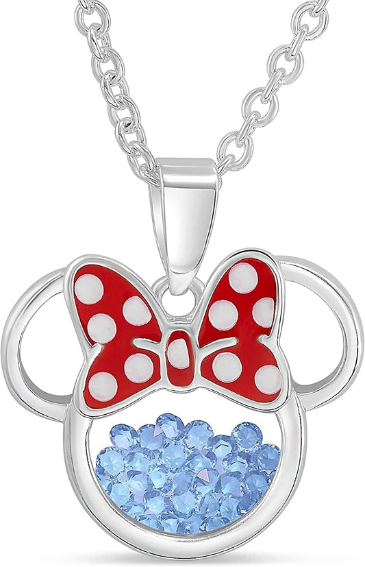 Disney Women and Girls Birthstone Jewelry - Minnie Mouse Cubic Zirconia Shaker Pendant Necklace, Silver Plated, 18+2" Extender December-Light Blue Topaz Cubic Zirconia