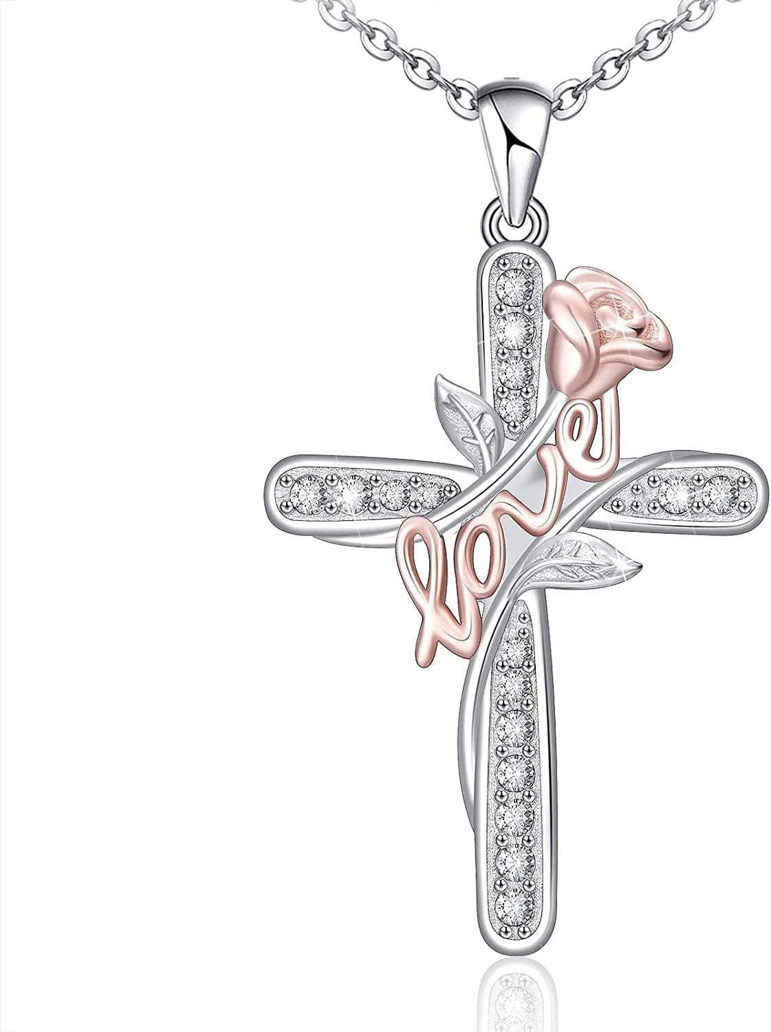 Distance Cross Necklace for Women 925 Sterling Silver Jewelry Pendant Necklace for Girls Mom Wife Gift for Mother'S Day or Birthday Rose Cross Necklace