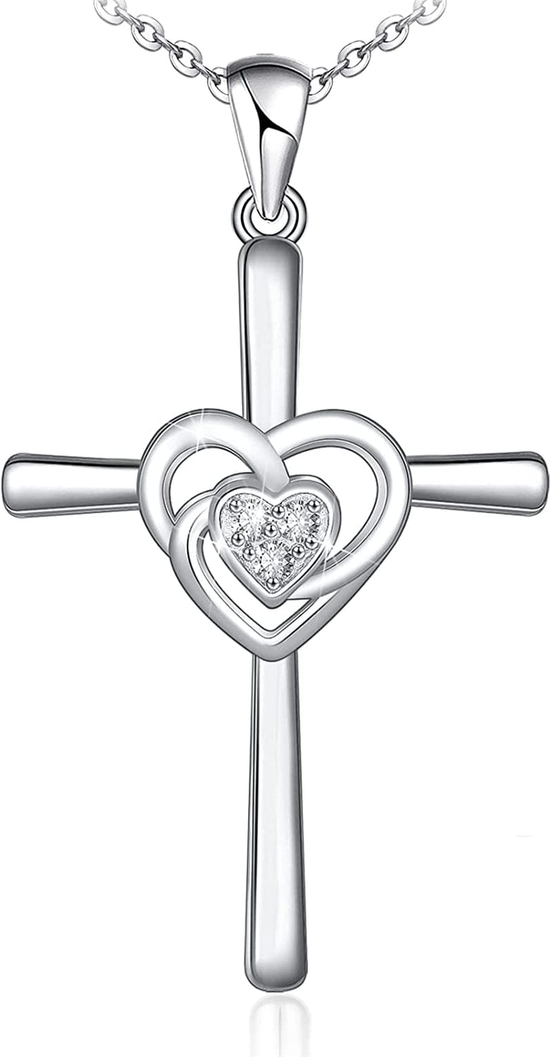 Distance Cross Necklace for Women 925 Sterling Silver Jewelry Pendant Necklace for Girls Mom Wife Gift for Mother'S Day or Birthday Double Heart Necklace
