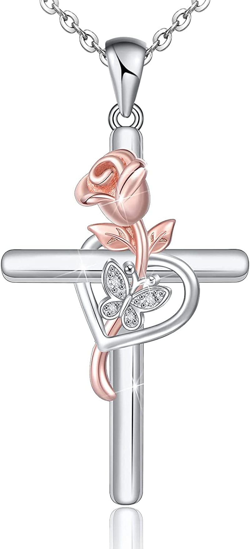 Distance Cross Necklace for Women 925 Sterling Silver Jewelry Pendant Necklace for Girls Mom Wife Gift for Mother'S Day or Birthday Rose Butterfly Cross necklace