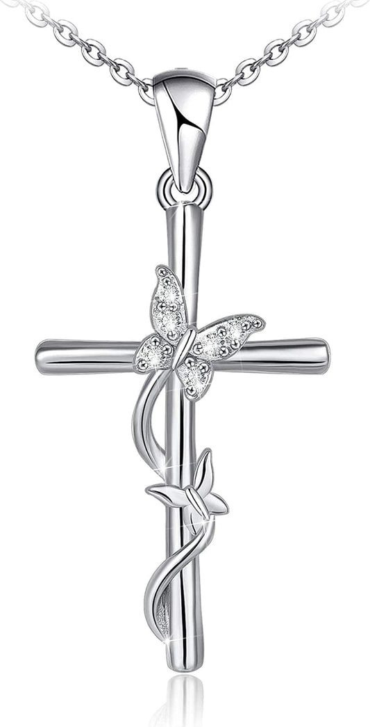 Distance Cross Necklace for Women 925 Sterling Silver Jewelry Pendant Necklace for Girls Mom Wife Gift for Mother'S Day or Birthday Butterfly Cross Necklace