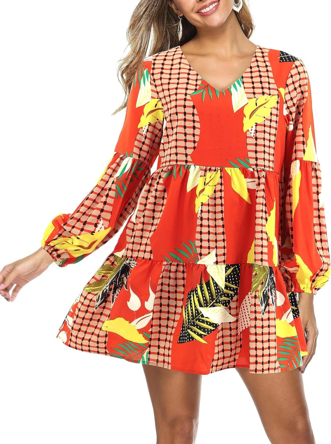 Dittyandvibe Women Dresses Casual Long Sleeve V Neck Flowy Tunic Dress Geometry Orange / Small