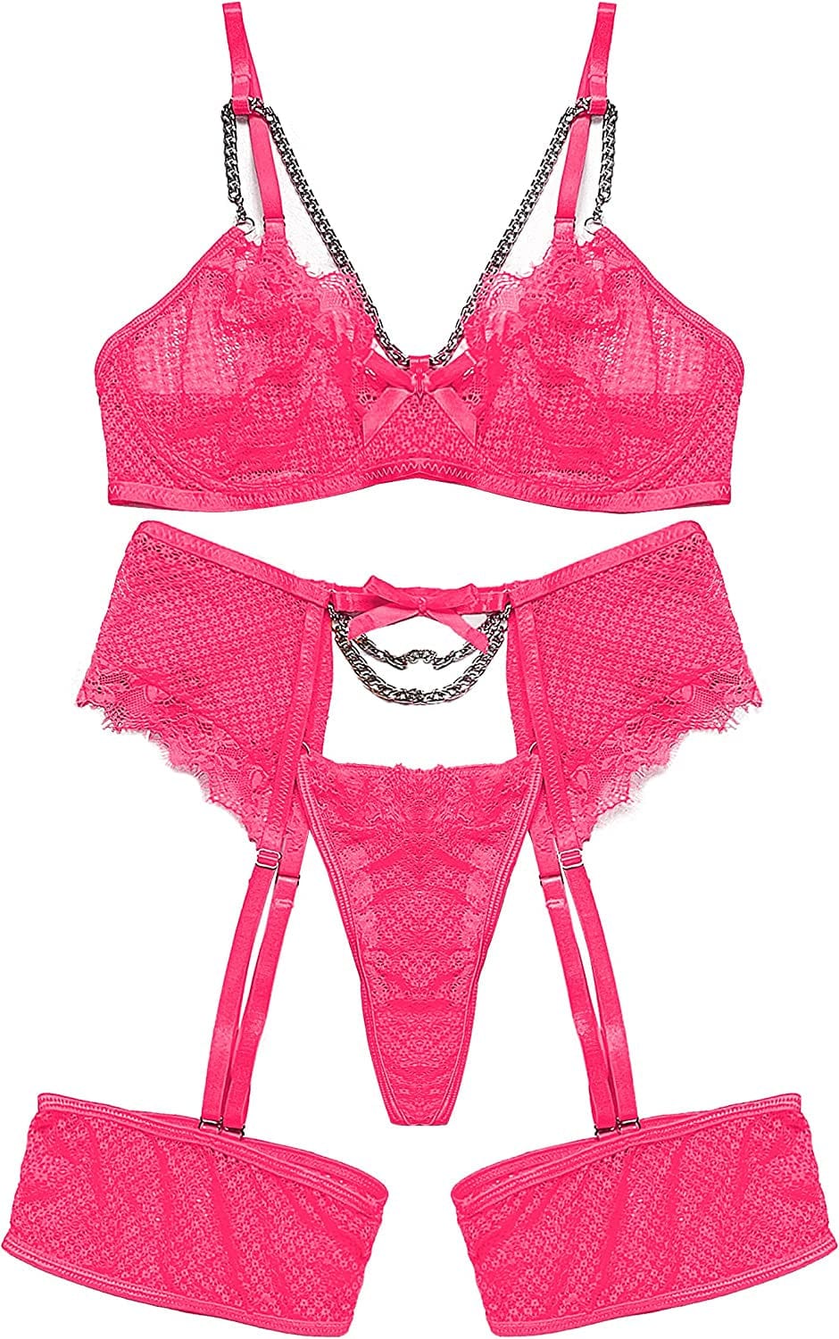 Dlsave Women Strappy Exotic Fishnet Lace Lingerie Set Eyelash Chain Bra and Panty Sets 4 Piece Neon Pink / Small