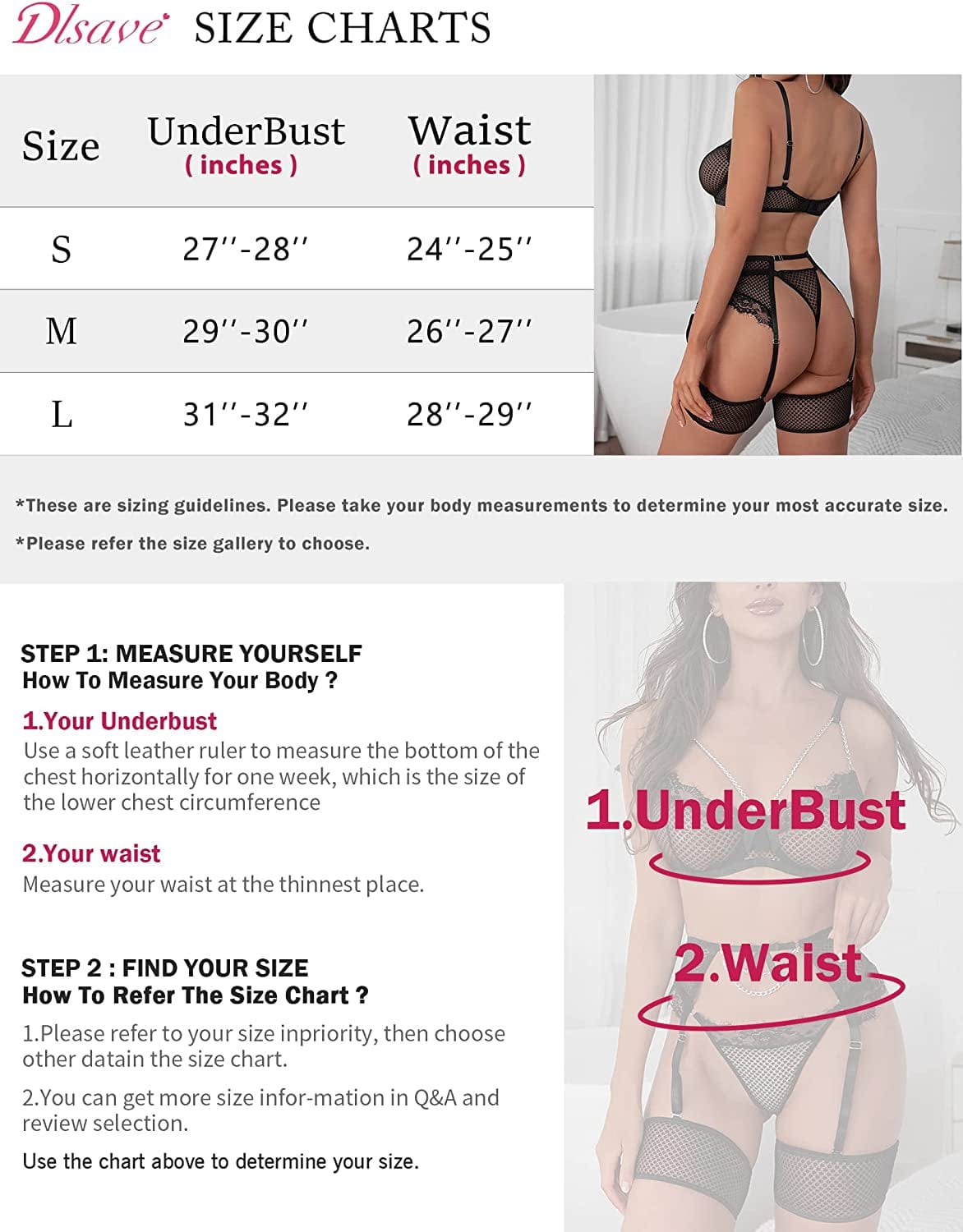 Dlsave Women Strappy Exotic Fishnet Lace Lingerie Set Eyelash Chain Bra and Panty Sets 4 Piece