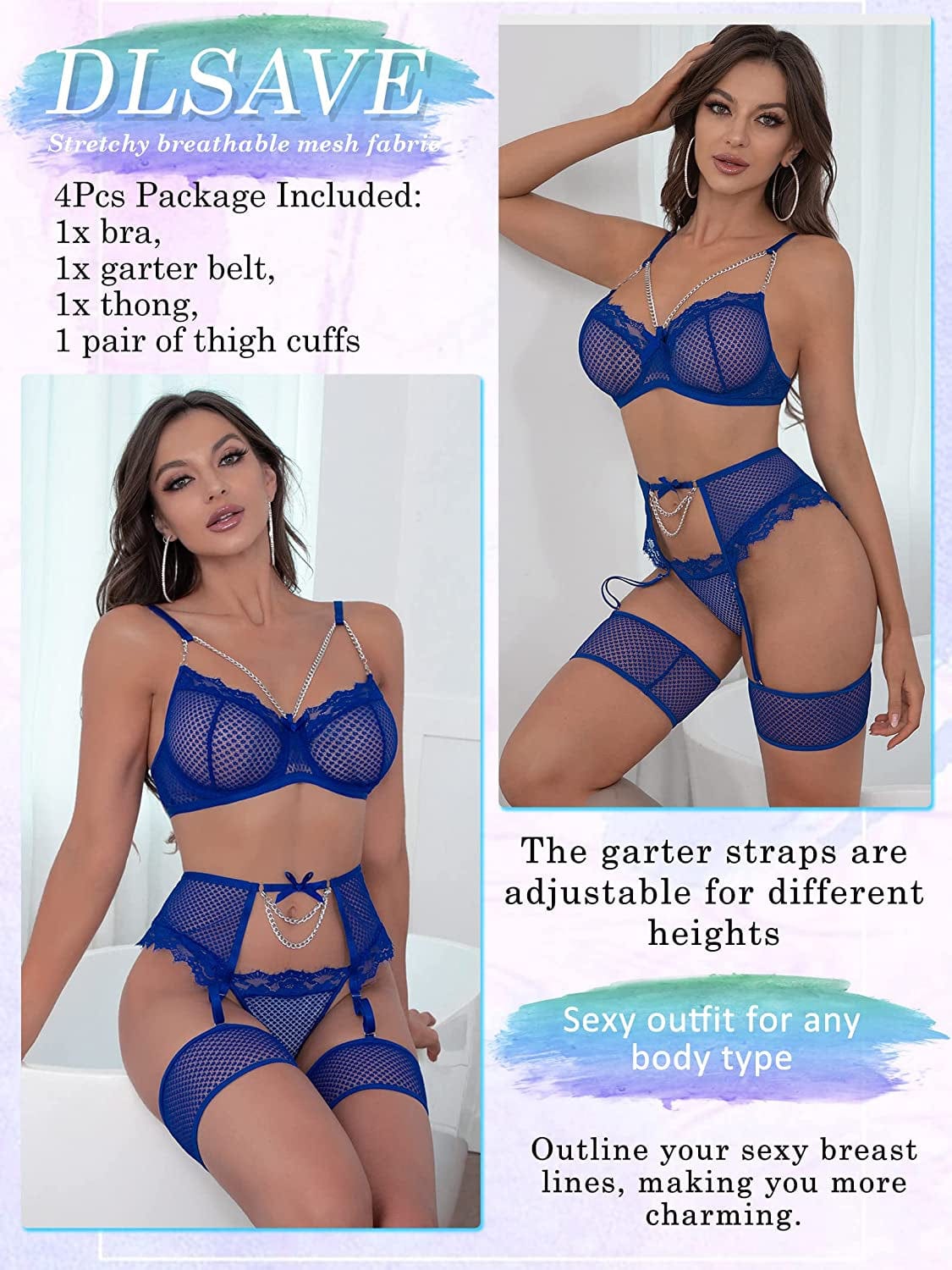 Dlsave Women Strappy Exotic Fishnet Lace Lingerie Set Eyelash Chain Bra and Panty Sets 4 Piece