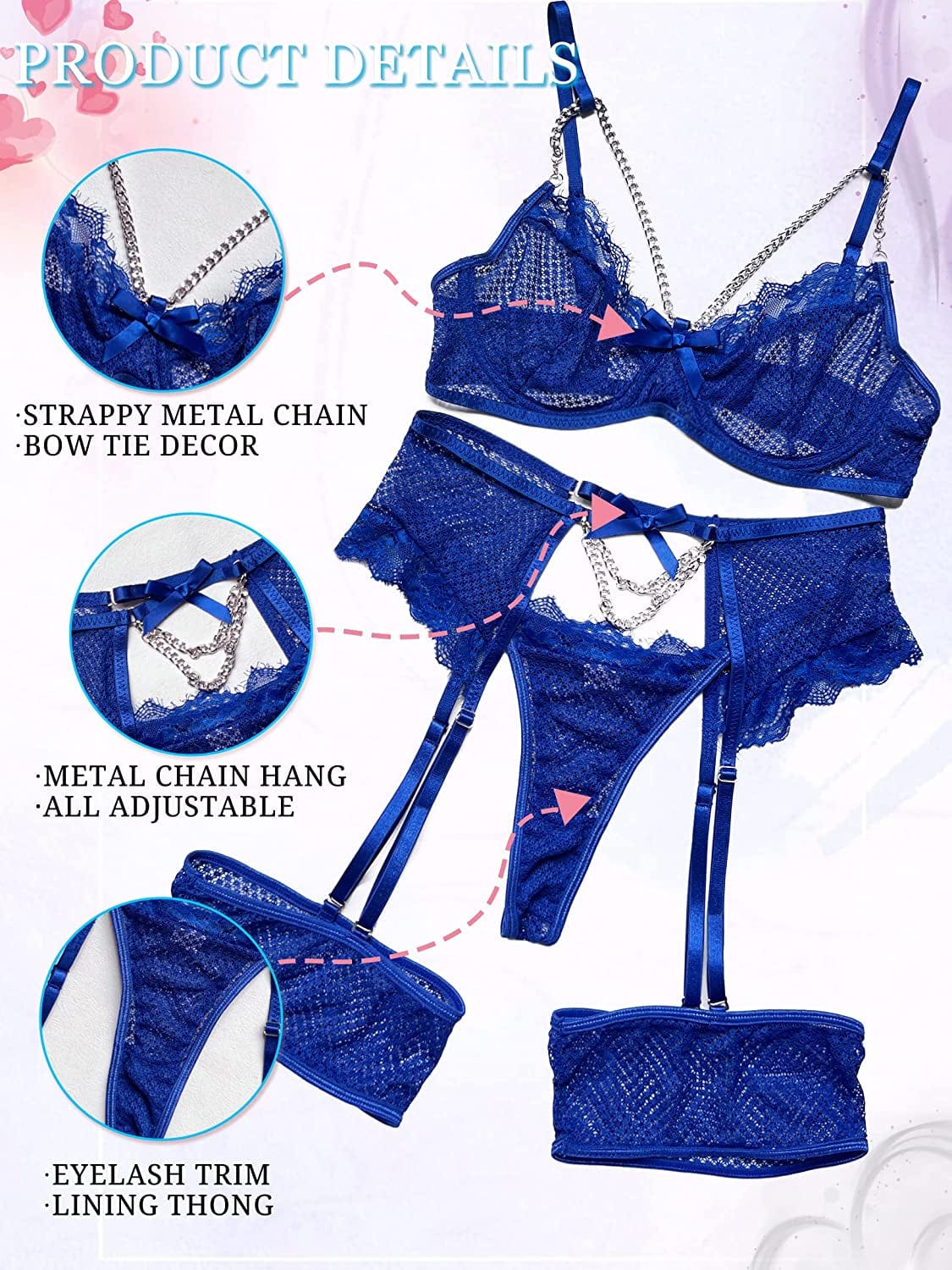 Dlsave Women Strappy Exotic Fishnet Lace Lingerie Set Eyelash Chain Bra and Panty Sets 4 Piece