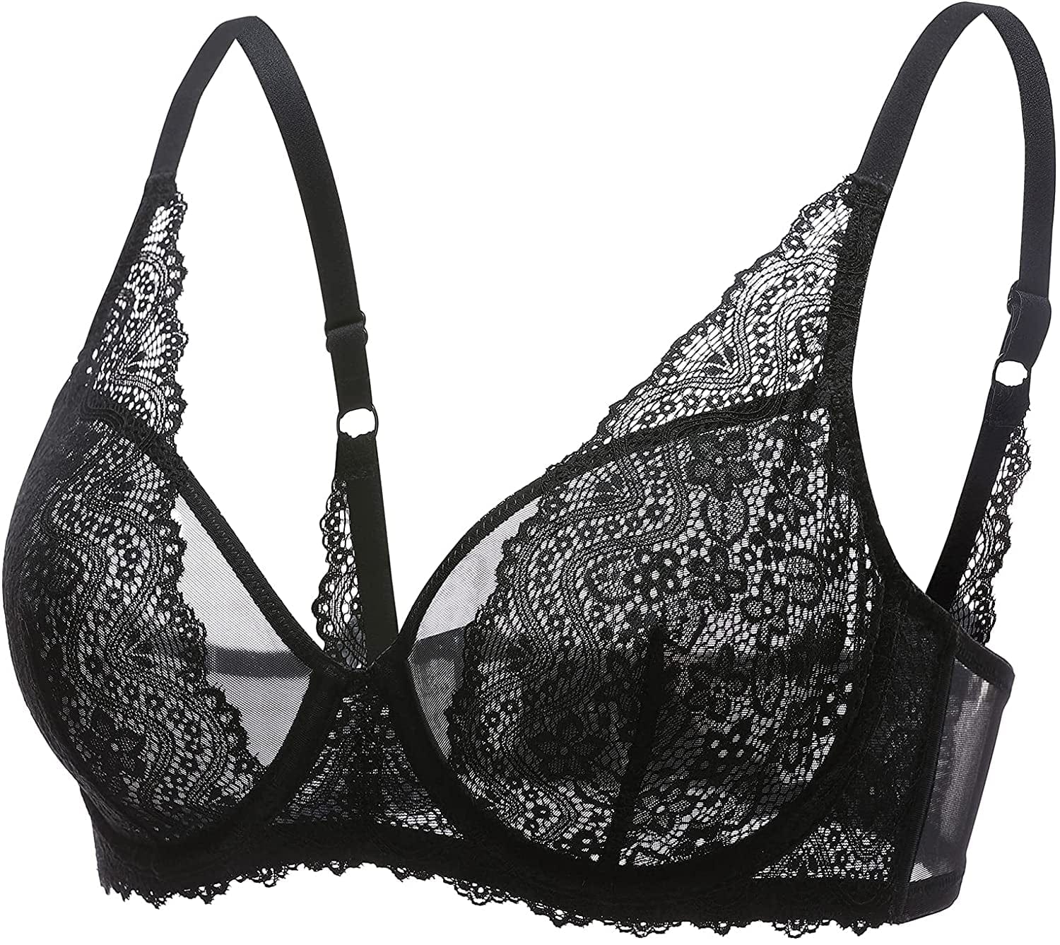 DOBREVA Women'S Lace Bralette See through Sexy Minimizer Bra plus Size Sheer Underwire Black / 38A