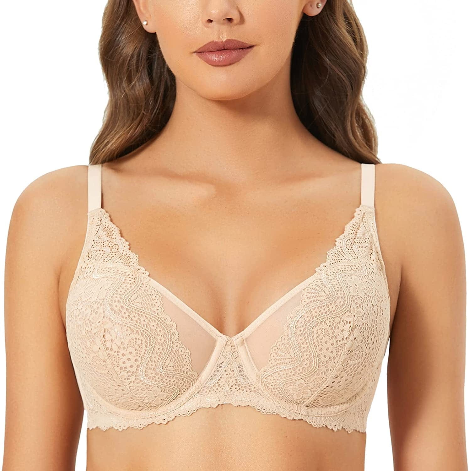 DOBREVA Women'S Lace Bralette See through Sexy Minimizer Bra plus Size Sheer Underwire Beige / 42C
