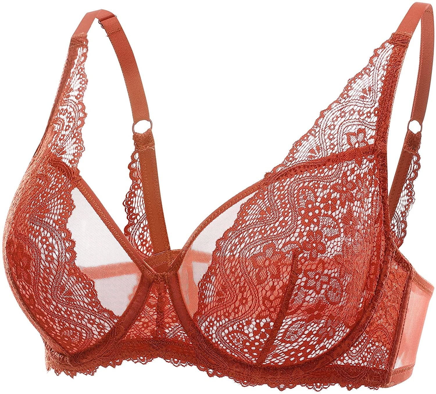 DOBREVA Women'S Lace Bralette See through Sexy Minimizer Bra plus Size Sheer Underwire Pumpkin / 36D