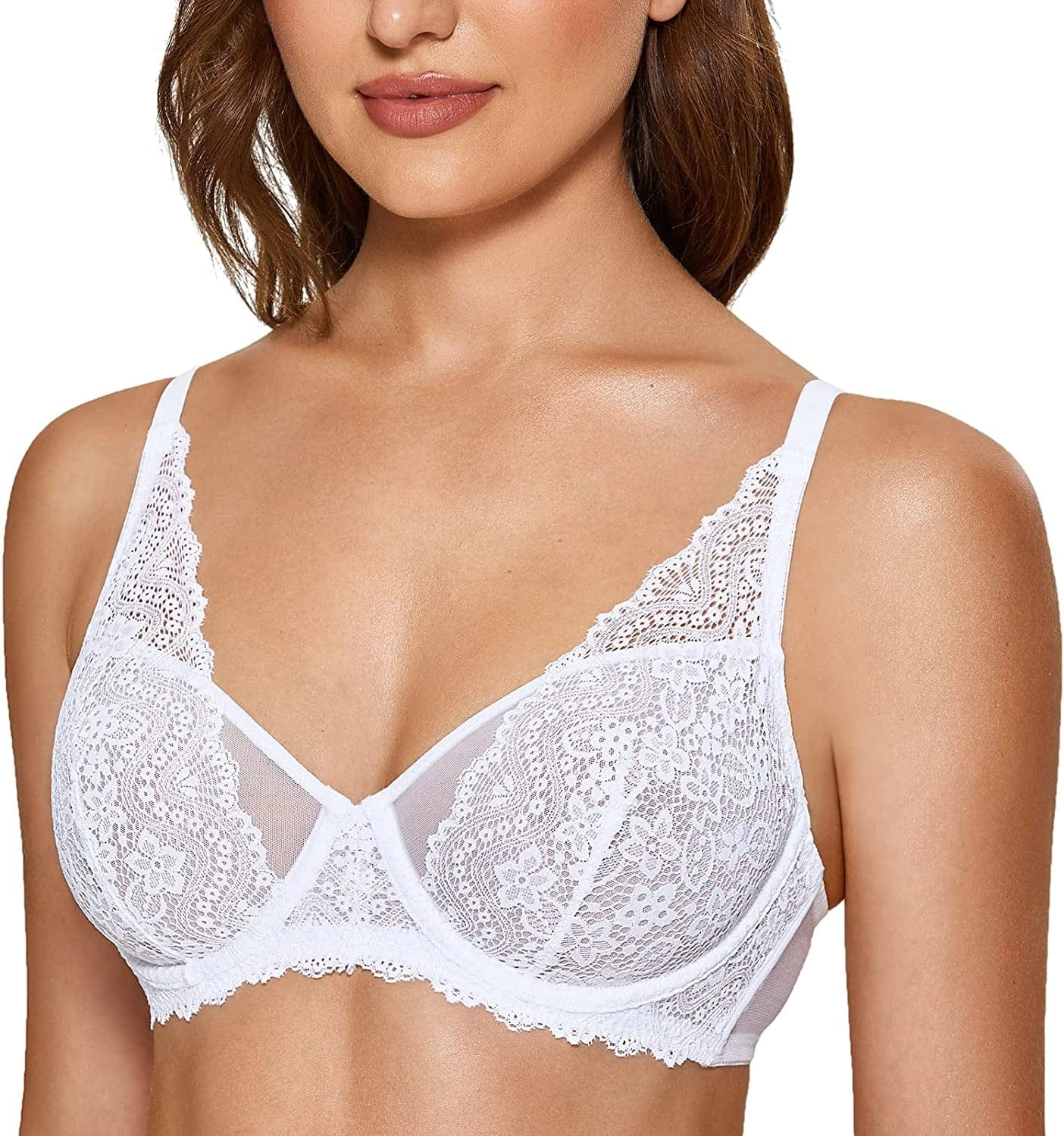 DOBREVA Women'S Lace Bralette See through Sexy Minimizer Bra plus Size Sheer Underwire White / 40C
