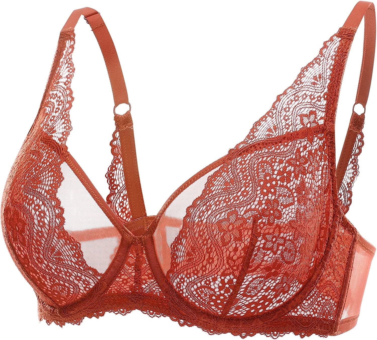 DOBREVA Women'S Lace Bralette See through Sexy Minimizer Bra plus Size Sheer Underwire Pumpkin / 32A