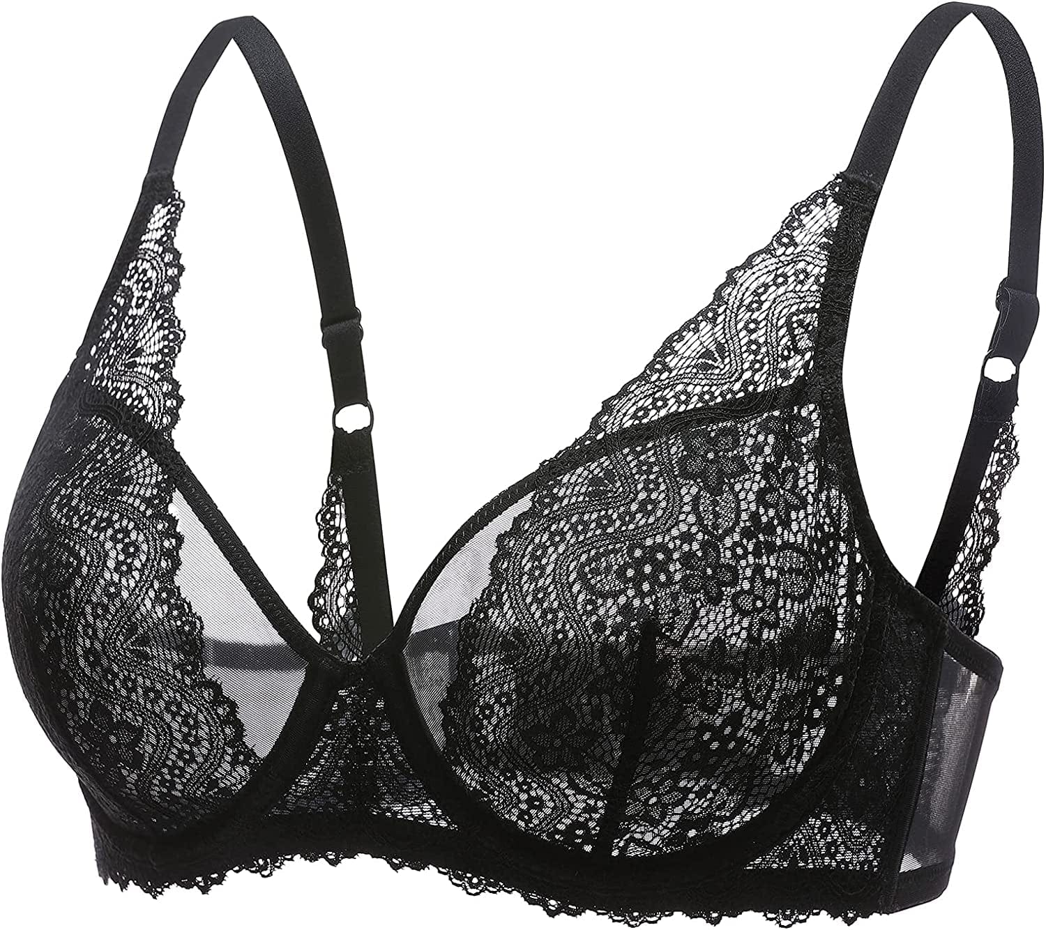 DOBREVA Women'S Lace Bralette See through Sexy Minimizer Bra plus Size Sheer Underwire Black / 34E